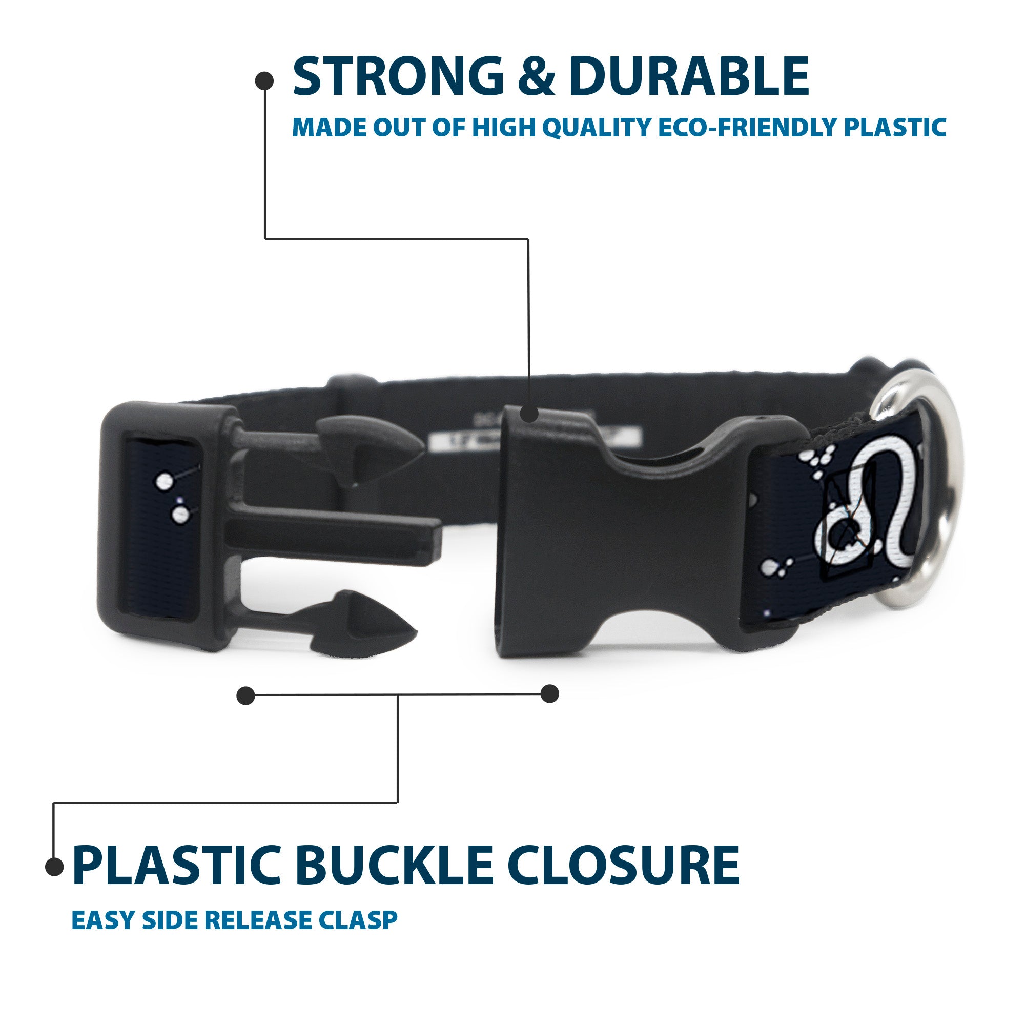 Plastic Clip Collar - Zodiac Leo Symbol/Constellations Black/White Plastic Clip Collars Buckle-Down
