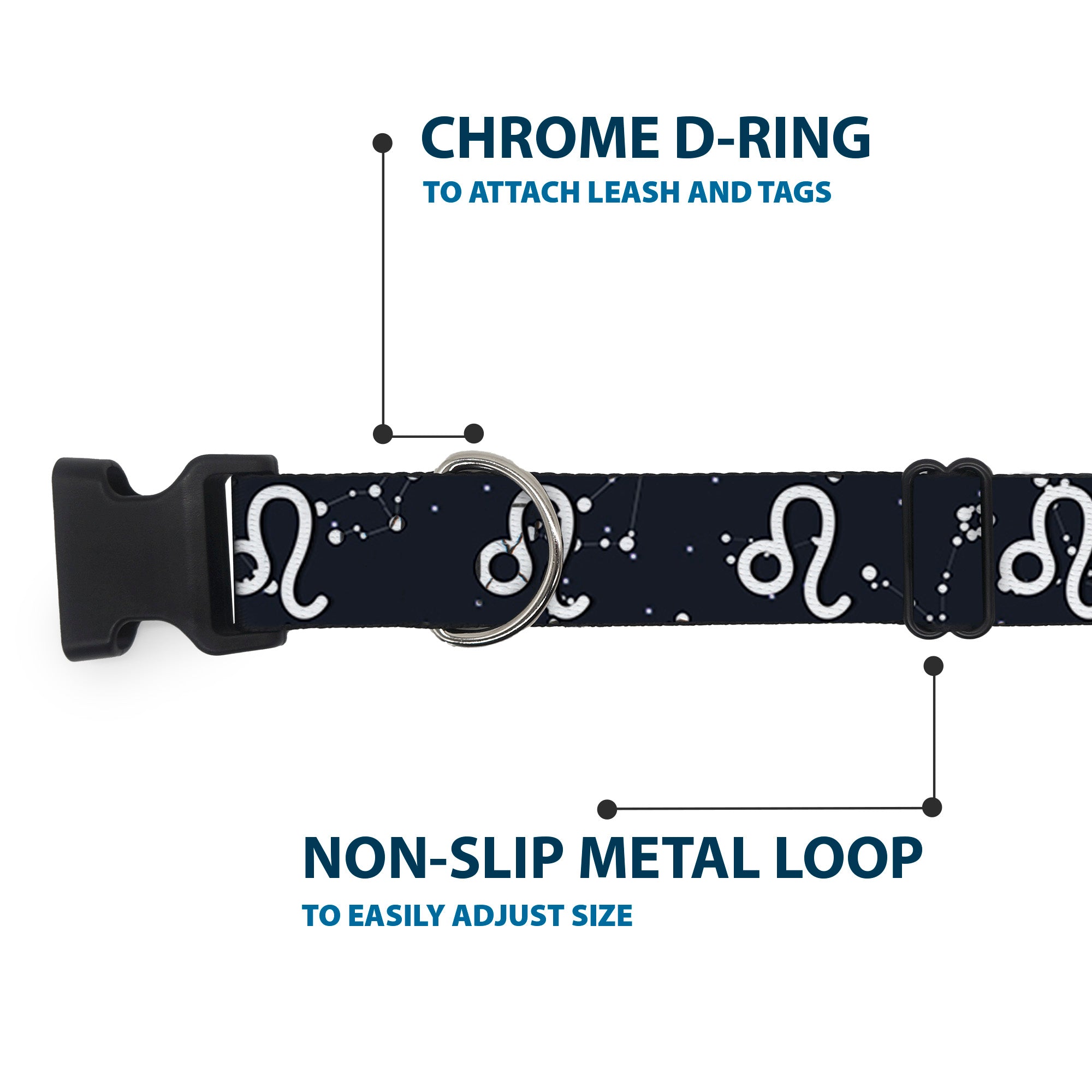 Plastic Clip Collar - Zodiac Leo Symbol/Constellations Black/White Plastic Clip Collars Buckle-Down