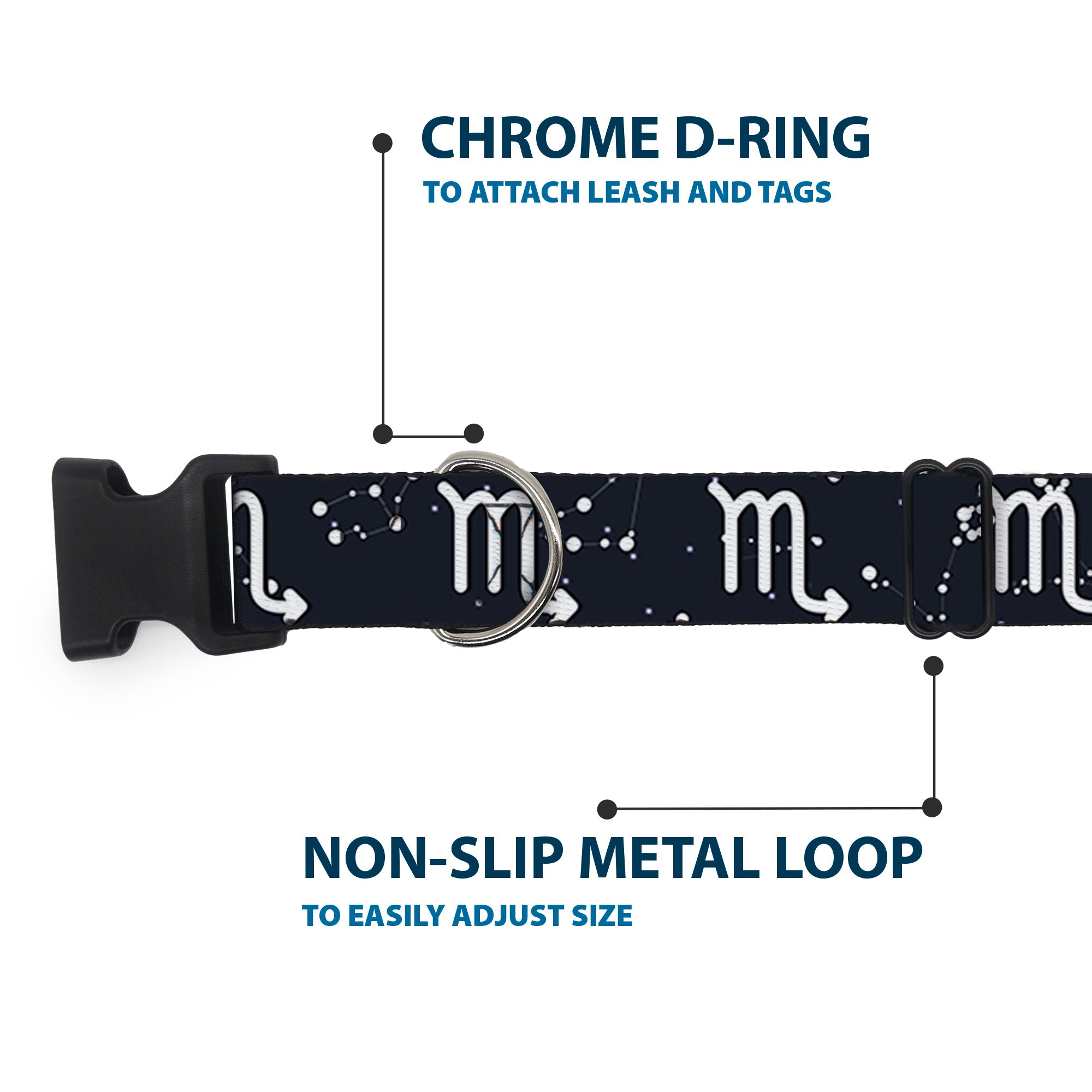 Plastic Clip Collar - Zodiac Scorpio Symbol/Constellations Black/White Plastic Clip Collars Buckle-Down