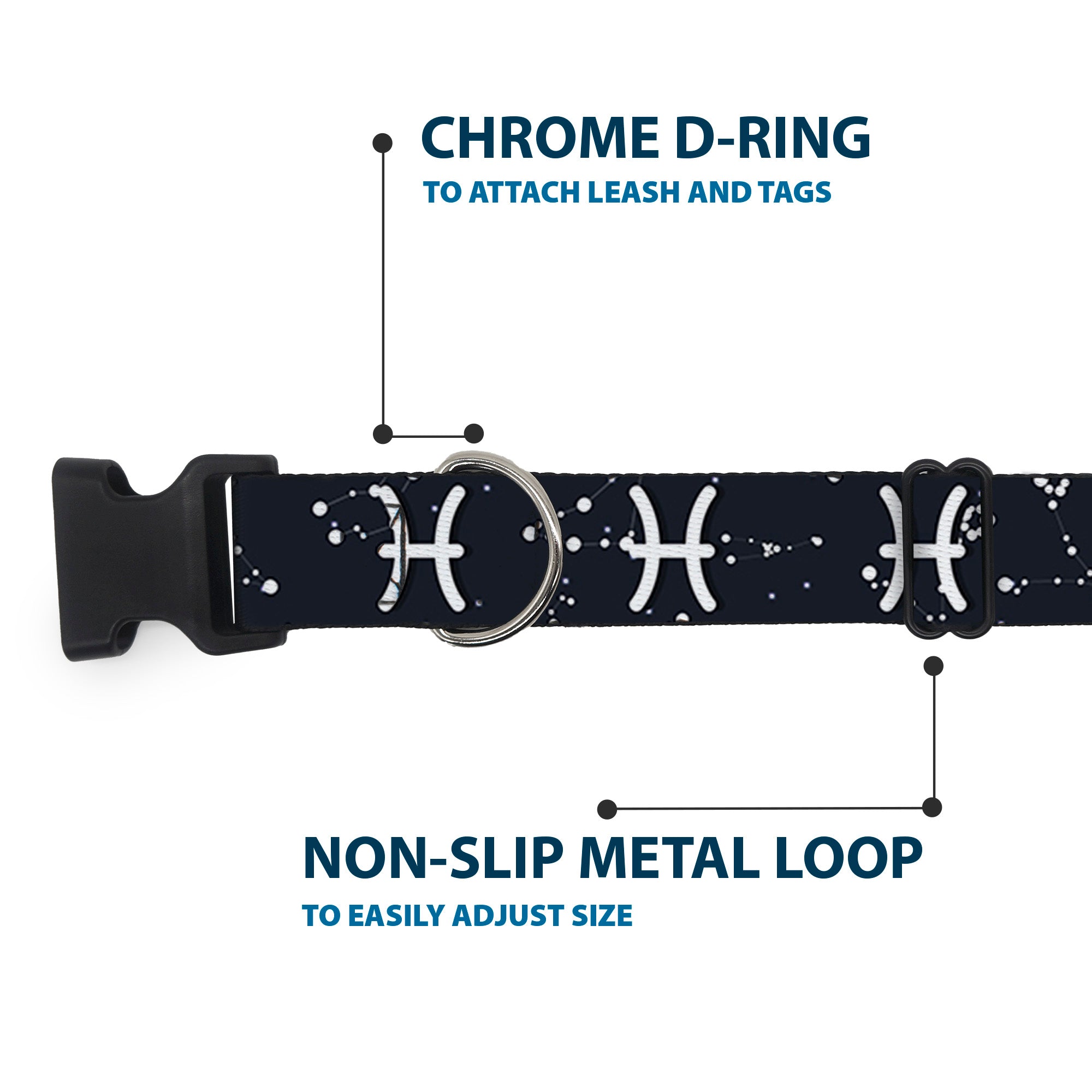 Plastic Clip Collar - Zodiac Pisces Symbol/Constellations Black/White Plastic Clip Collars Buckle-Down