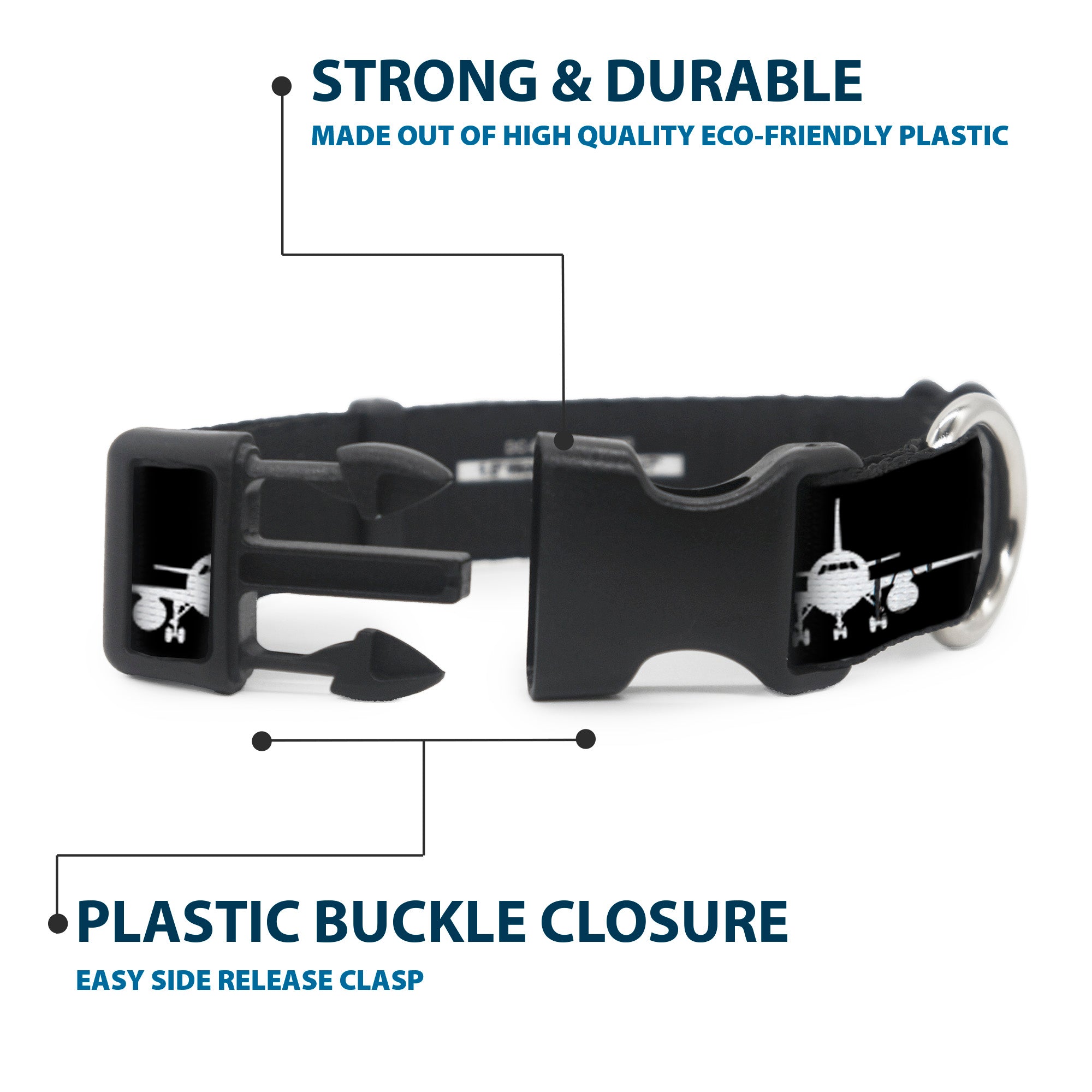 Plastic Clip Collar - Airplane Silhouette Black/White Plastic Clip Collars Buckle-Down