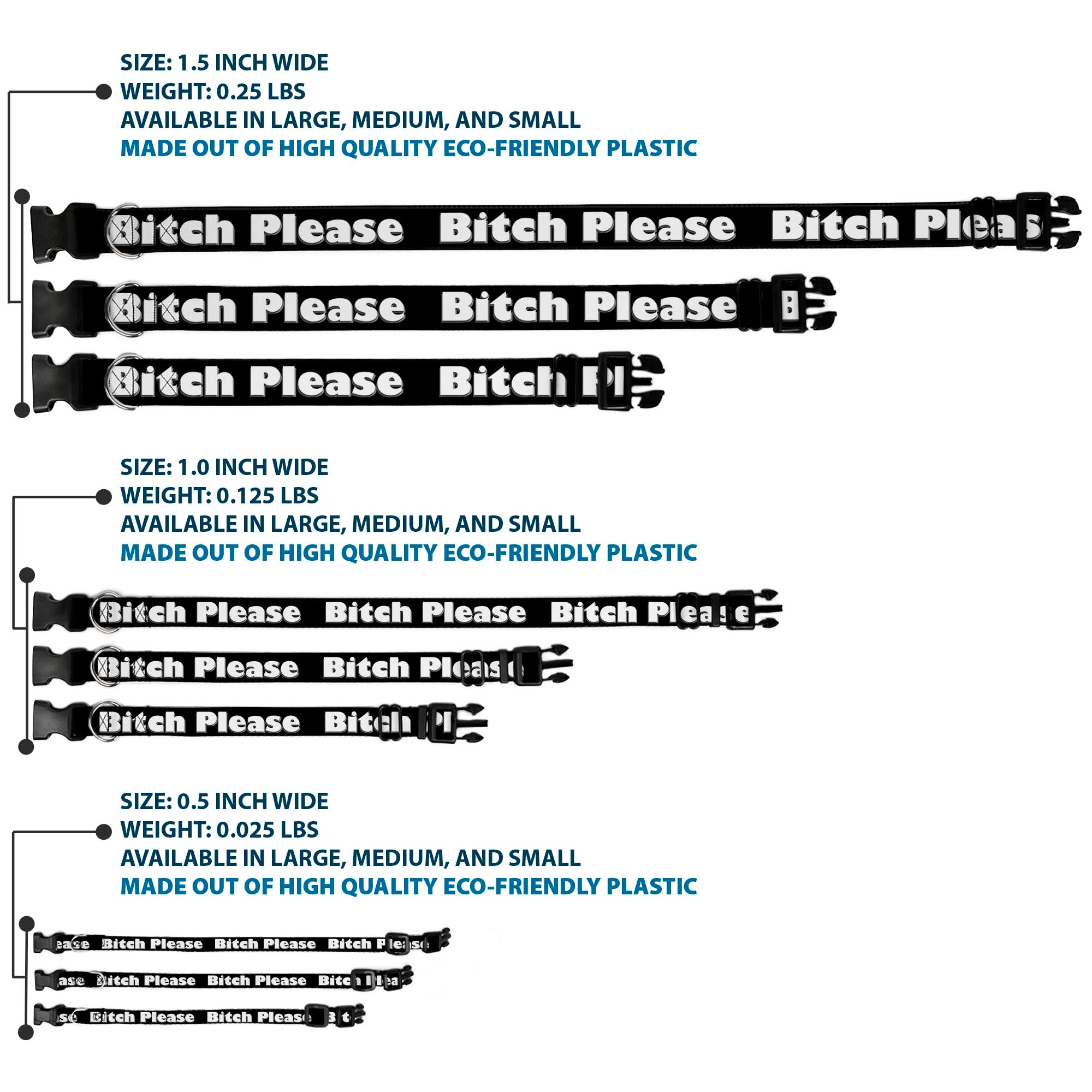 Buckle-Down Plastic Buckle Dog Collar - BITCH PLEASE Black/White Plastic Clip Collars Buckle-Down
