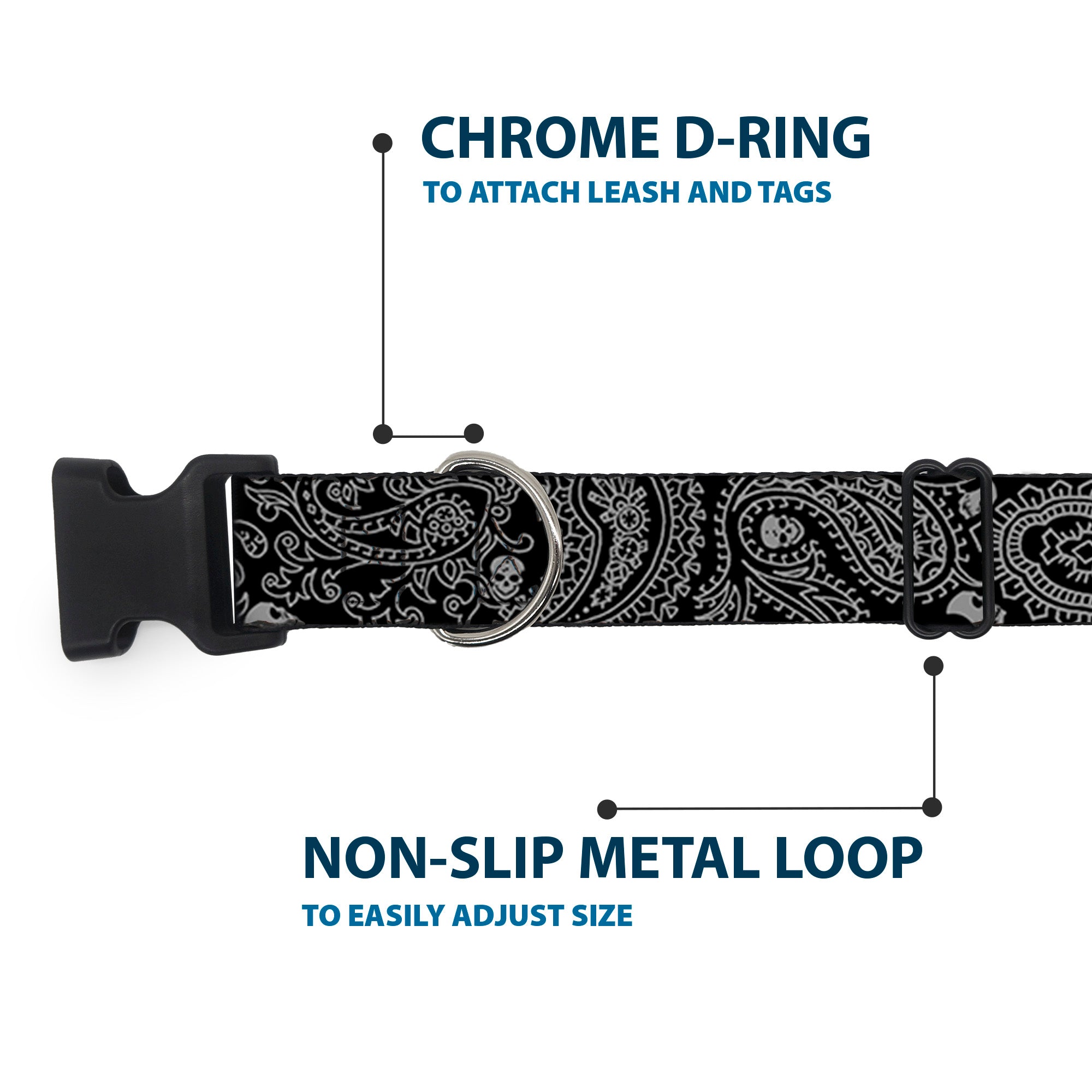 Plastic Clip Collar - Bandana/Skulls Black/Silver Plastic Clip Collars Buckle-Down