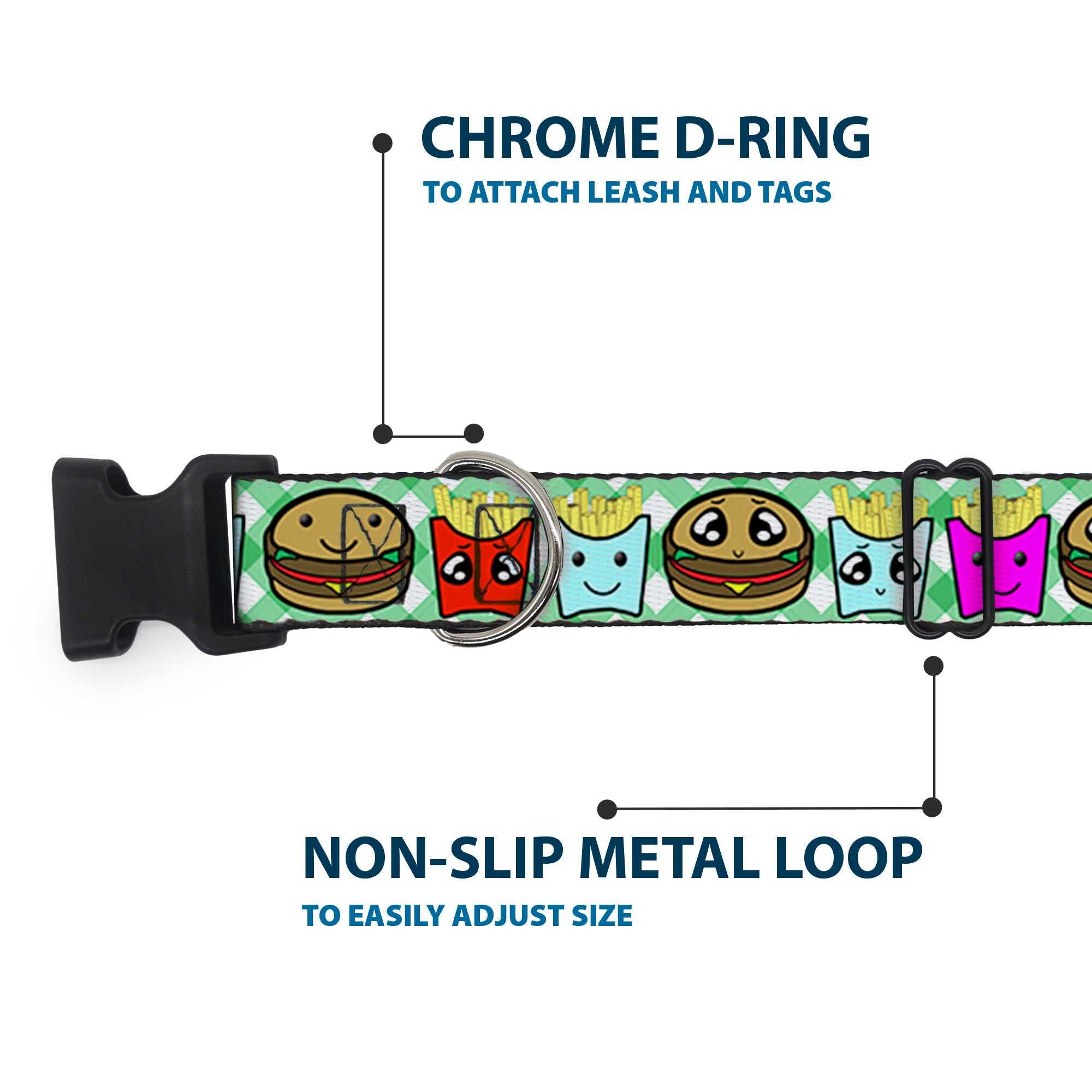 Plastic Clip Collar - Burger & Fries Cartoon Straight Green Tablecloth Plastic Clip Collars Buckle-Down