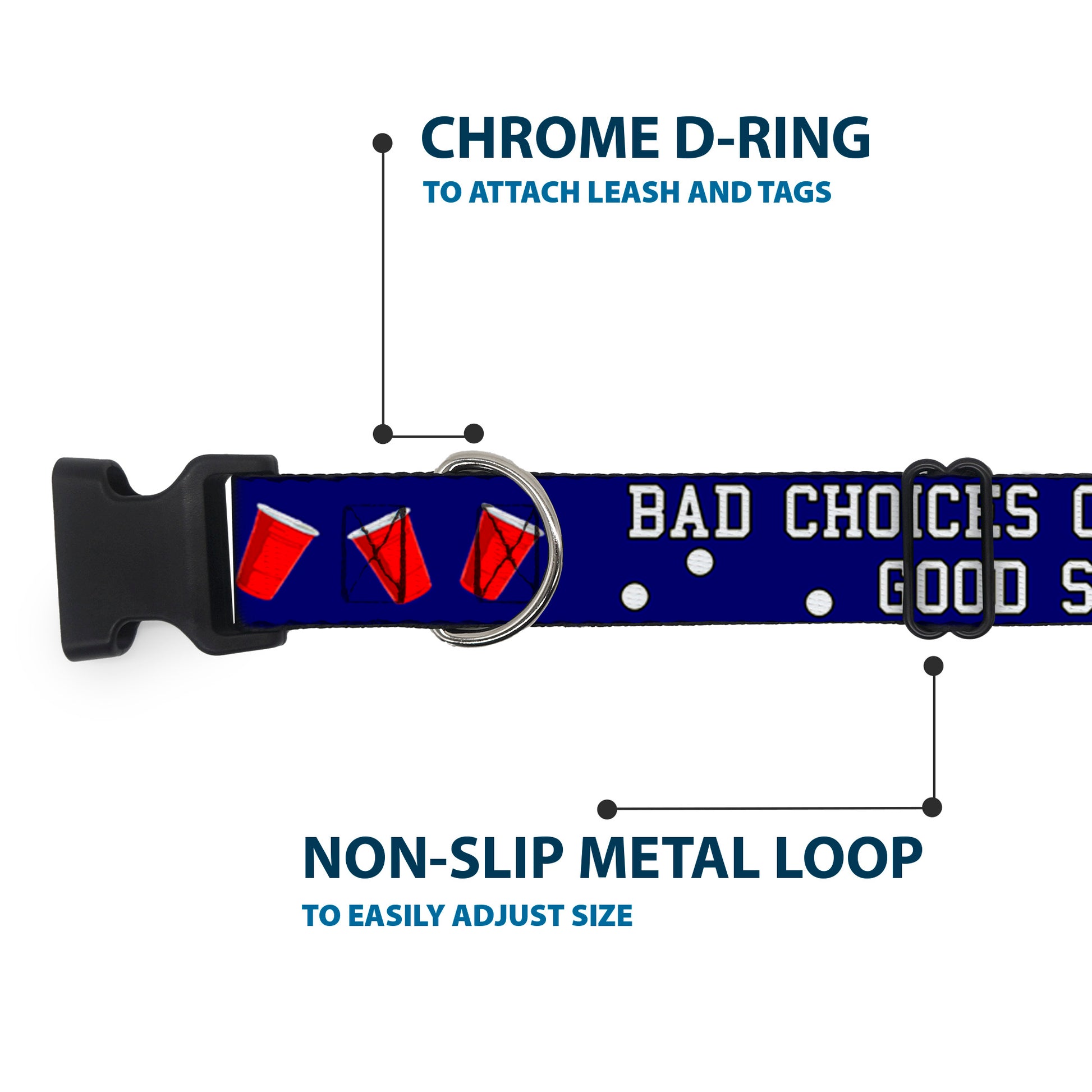 Buckle-Down Plastic Buckle Dog Collar - Beer Pong BAD CHOICES CREATE GOOD STORIES Blue/White/Red Plastic Clip Collars Buckle-Down