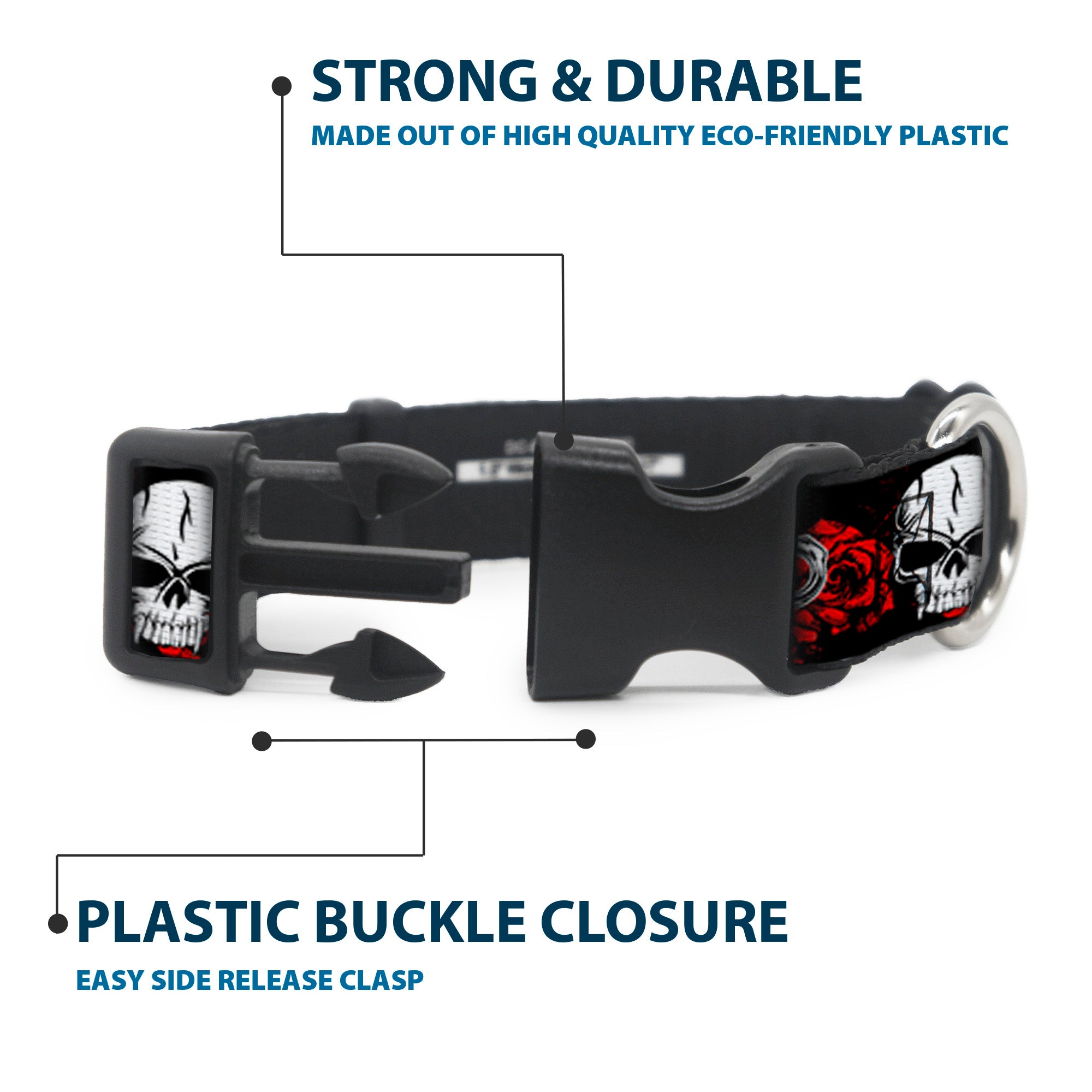 Buckle-Down Plastic Buckle Dog Collar - Brass Knuckles/Skulls/Roses Black/Red/White Plastic Clip Collars Buckle-Down