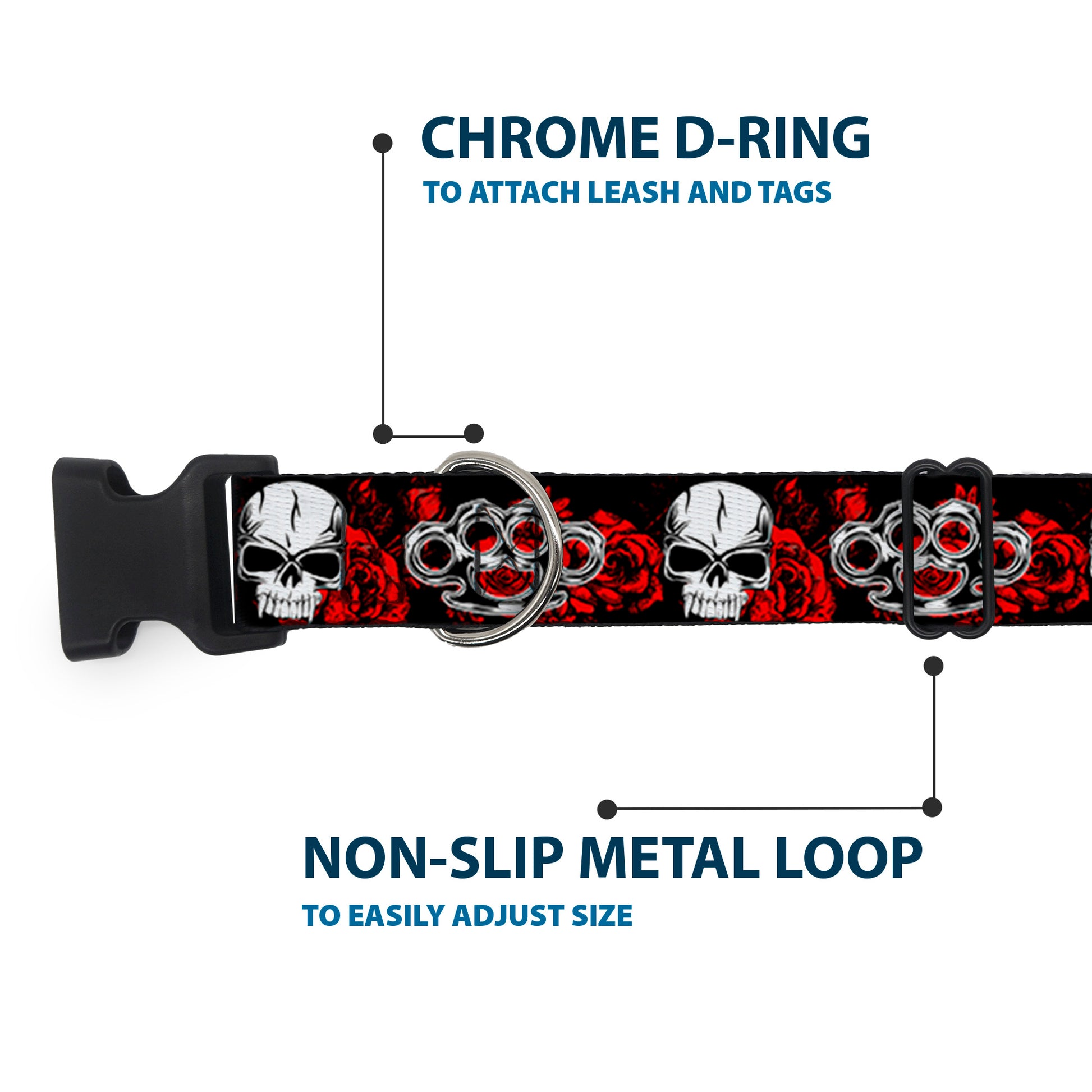 Buckle-Down Plastic Buckle Dog Collar - Brass Knuckles/Skulls/Roses Black/Red/White Plastic Clip Collars Buckle-Down