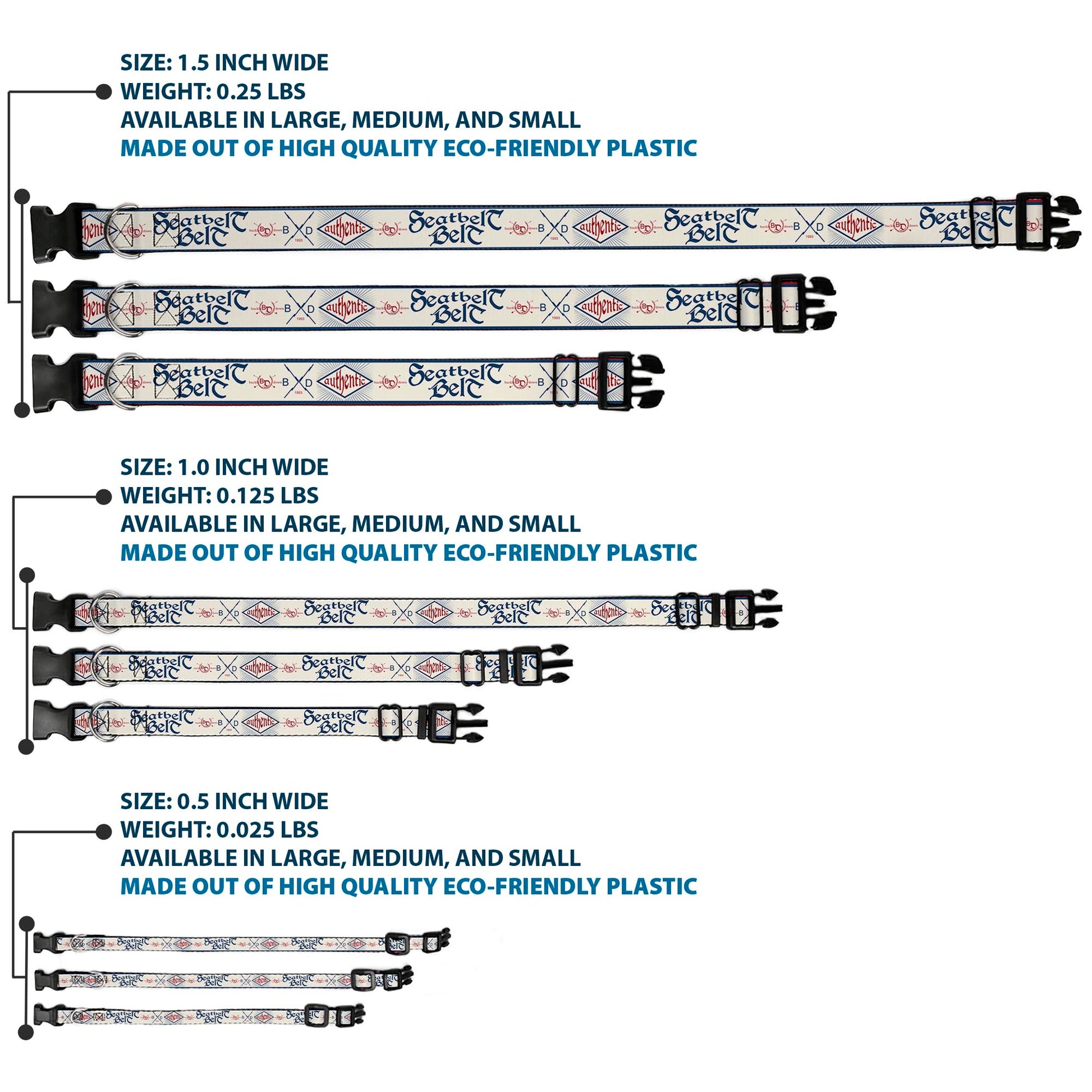 Plastic Clip Collar - Buckle-Down AUTHENTIC SEATBELT BELT White/Blue/Red Plastic Clip Collars Buckle-Down