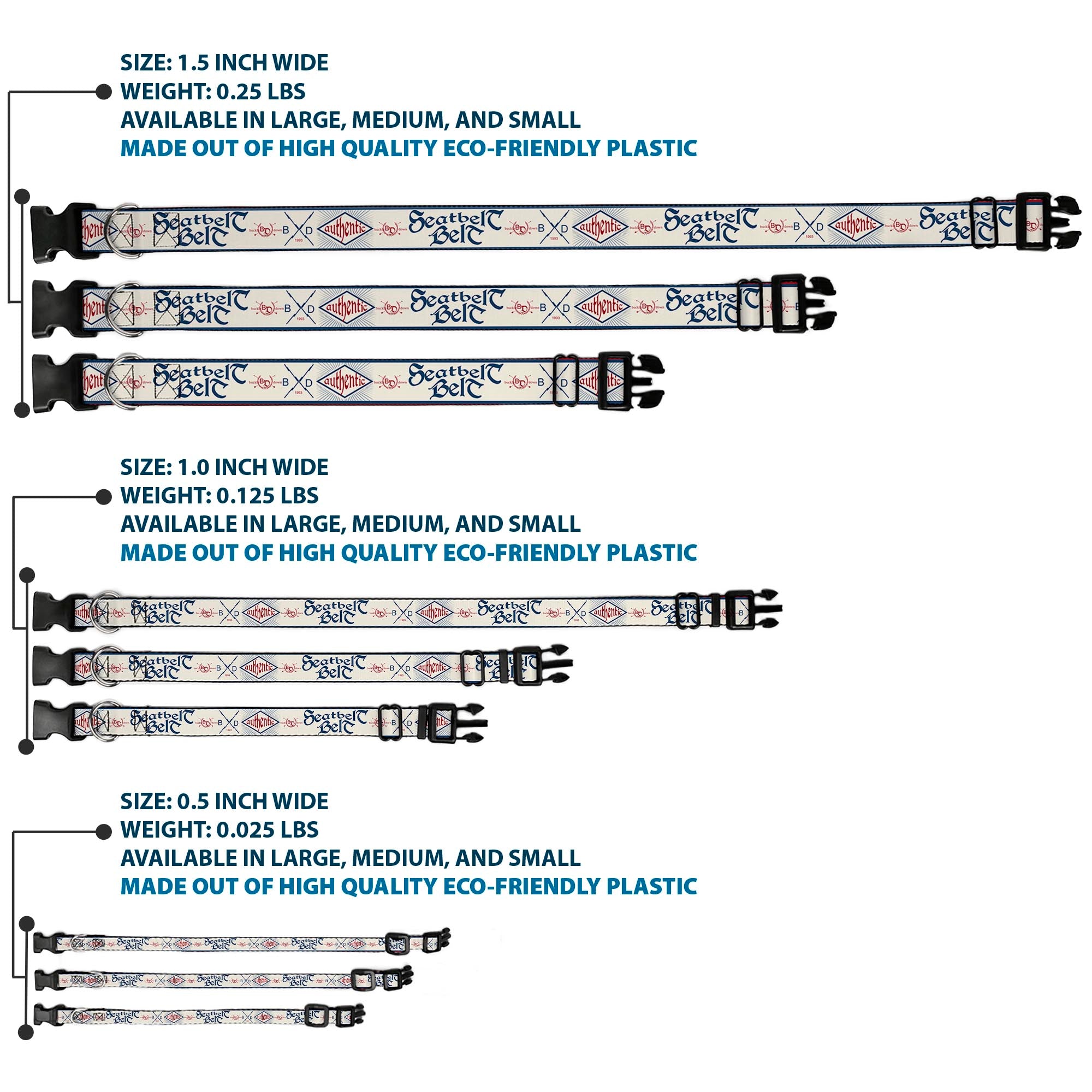 Plastic Clip Collar - Buckle-Down AUTHENTIC SEATBELT BELT White/Blue/Red Plastic Clip Collars Buckle-Down