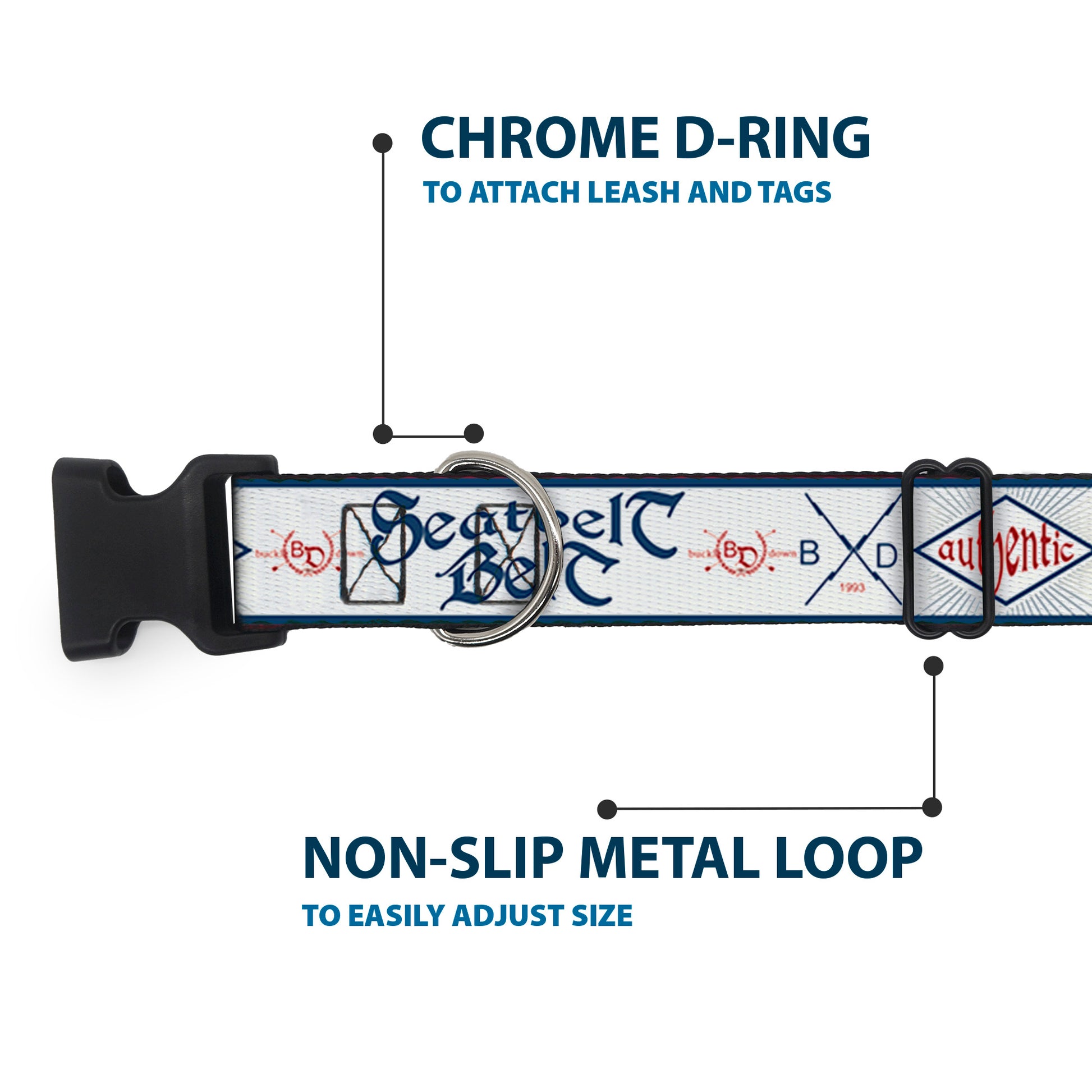 Plastic Clip Collar - Buckle-Down AUTHENTIC SEATBELT BELT White/Blue/Red Plastic Clip Collars Buckle-Down