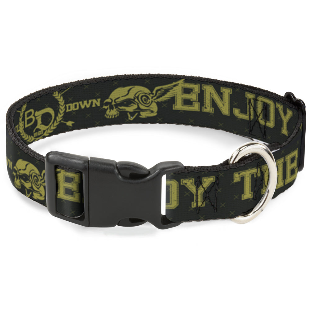 Plastic Clip Collar - Buckle-Down Winged Skull ENJOY THE RIDE Olive/Lime Green Plastic Clip Collars Buckle-Down
