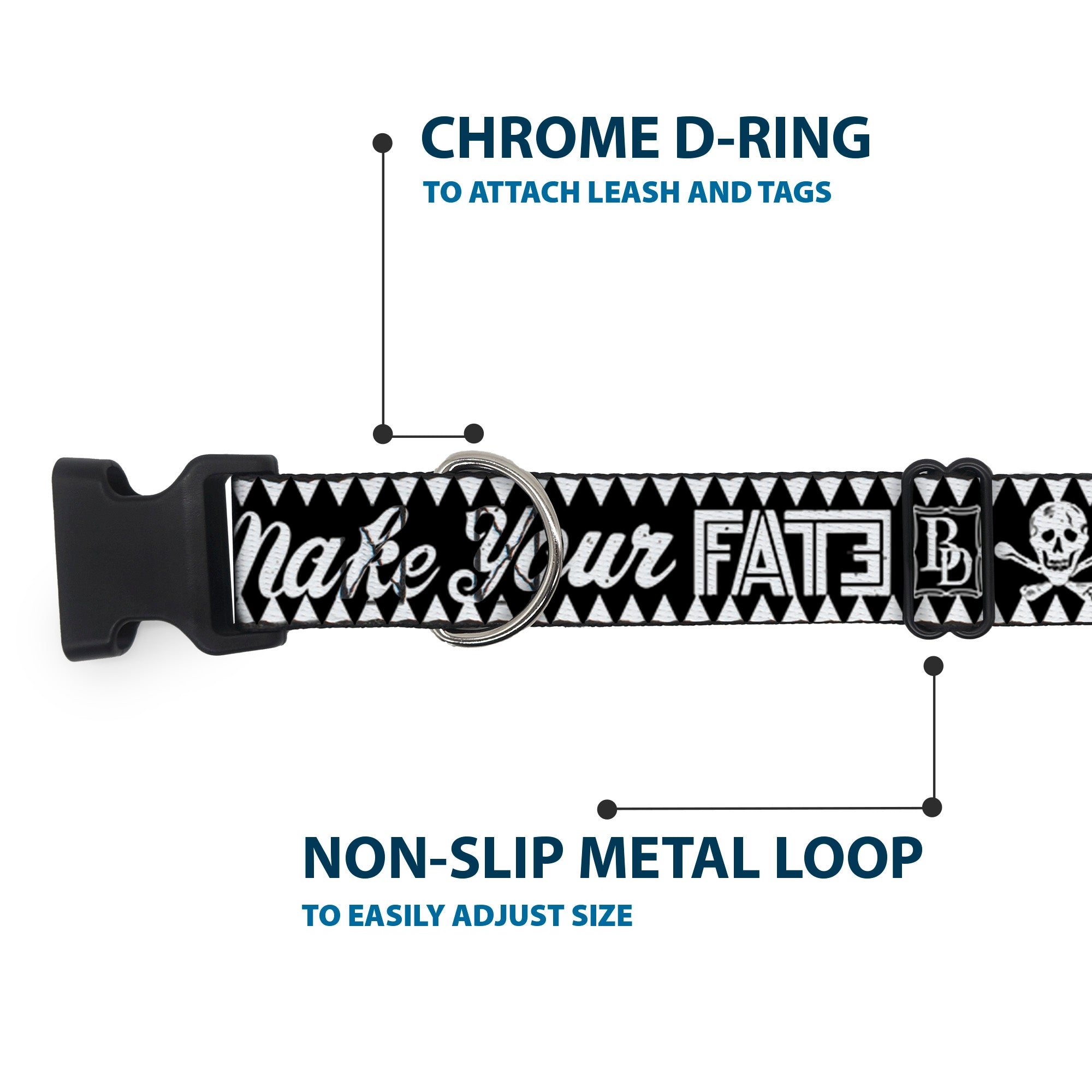 Plastic Clip Collar - BD Skull MAKE YOUR FATE Black/White Plastic Clip Collars Buckle-Down