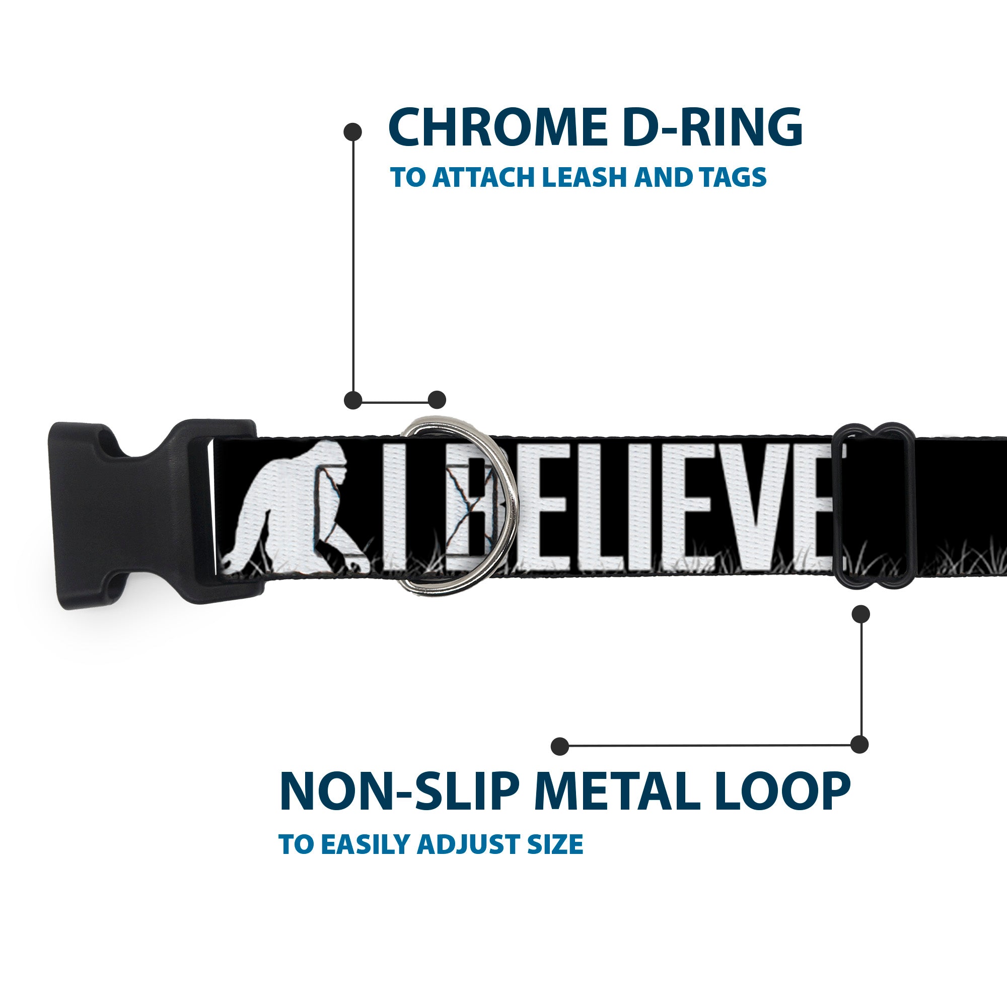 Plastic Clip Collar - Bigfoot Silhouette I BELIEVE Black/Gray/White Plastic Clip Collars Buckle-Down