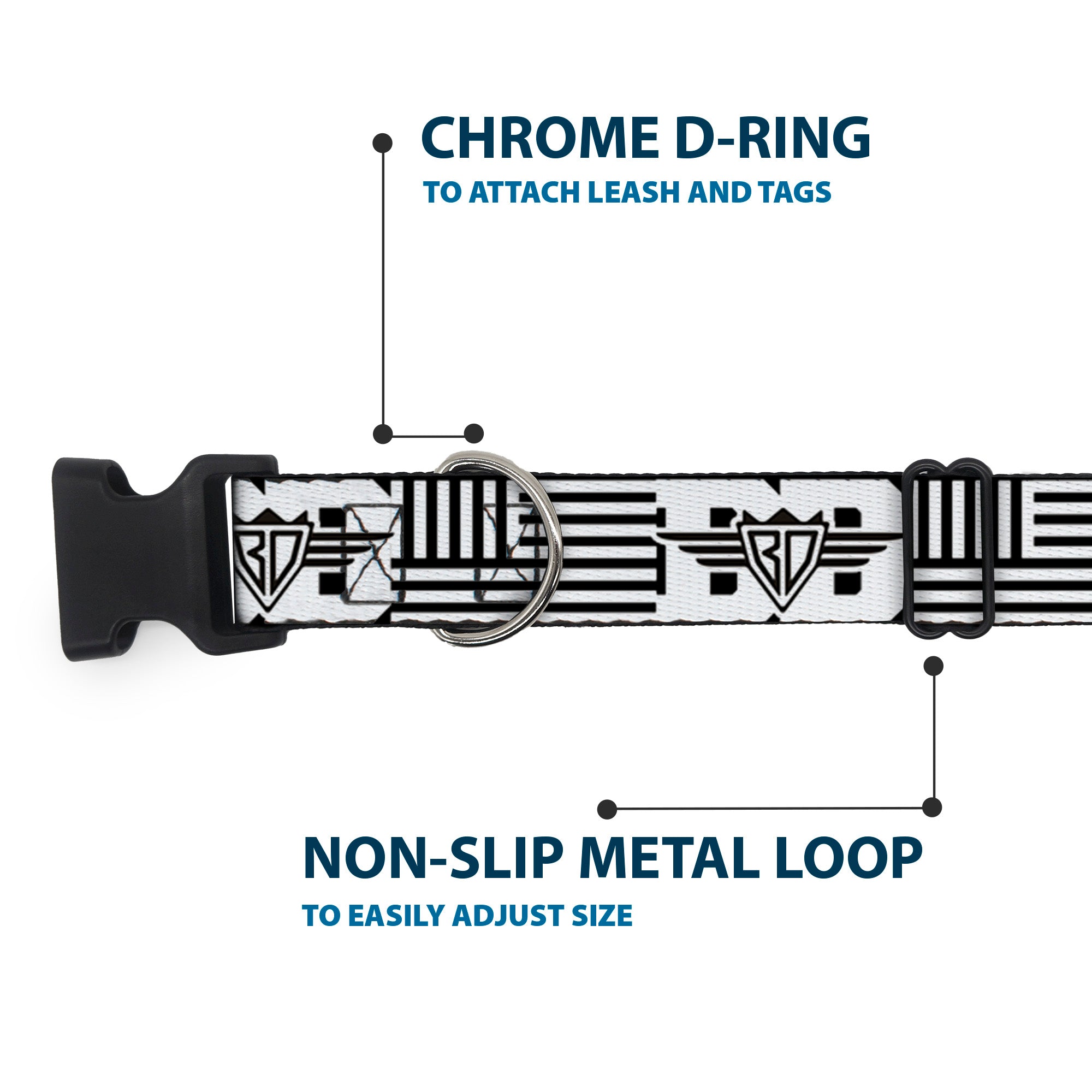 Plastic Clip Collar - BD Logo/American Stripe Flag White/Black Plastic Clip Collars Buckle-Down