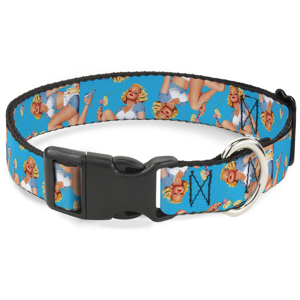 Plastic Clip Collar - Blonde Pin Up Girl Bright Blue Plastic Clip Collars Buckle-Down