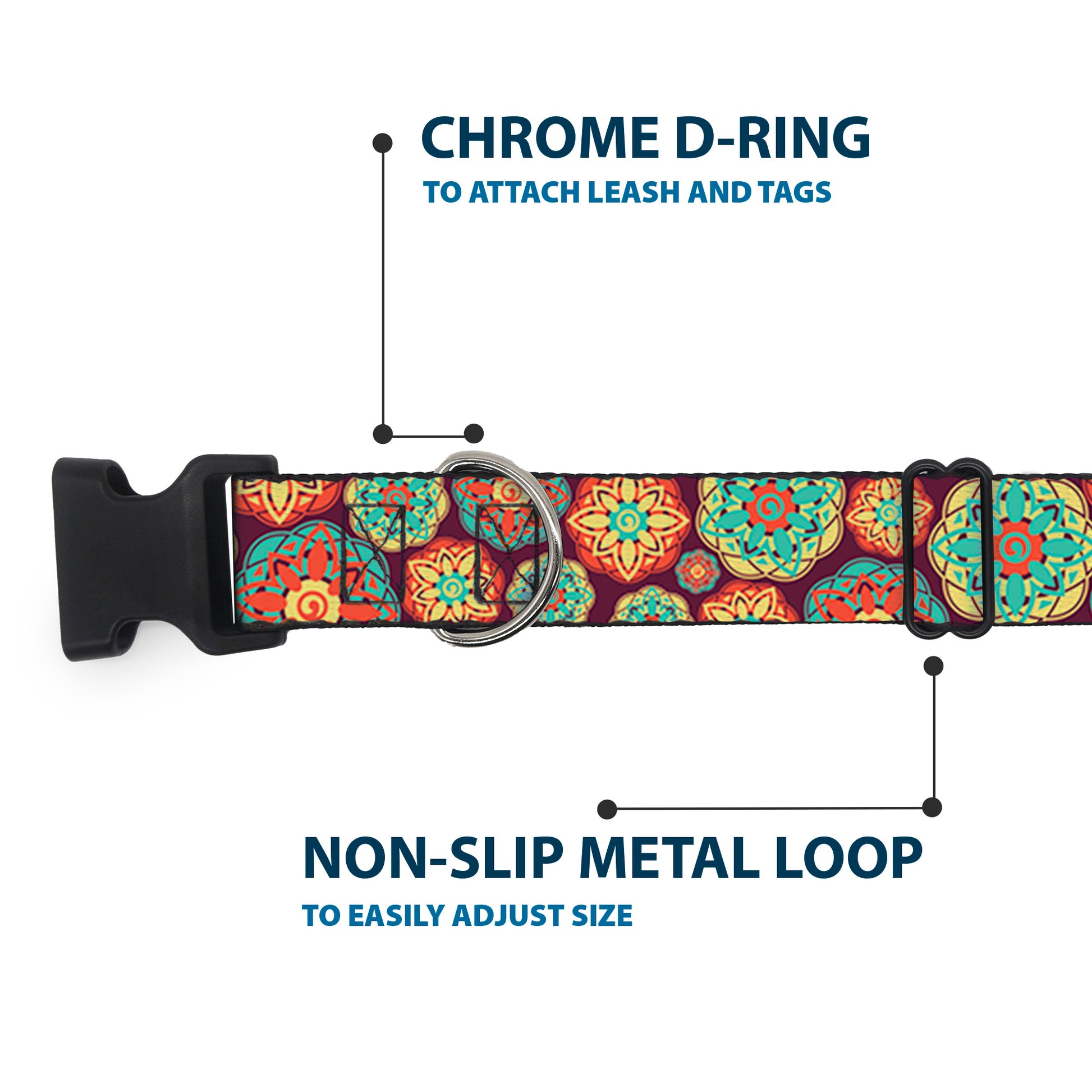 Plastic Clip Collar - Boho Mandala Burgundy/Yellow/Turquoise/Orange Plastic Clip Collars Buckle-Down