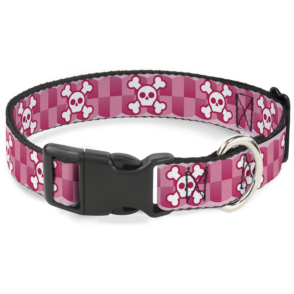 Plastic Clip Collar - Cute Skulls w/Checkers Pinks/White Plastic Clip Collars Buckle-Down