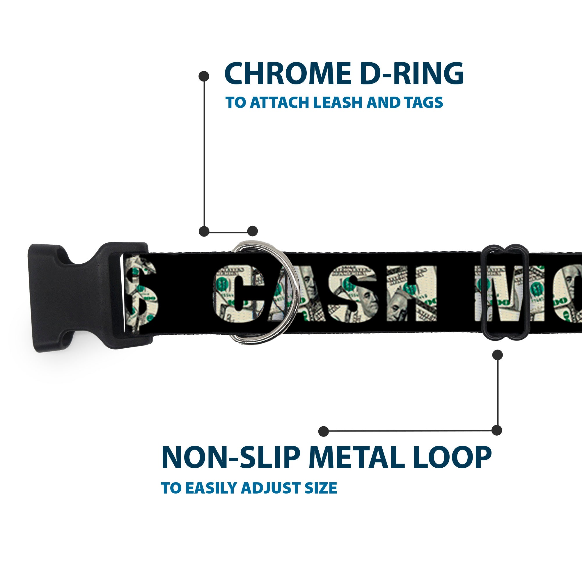 Plastic Clip Collar - CASH MONEY $ Black/Dollars Plastic Clip Collars Buckle-Down