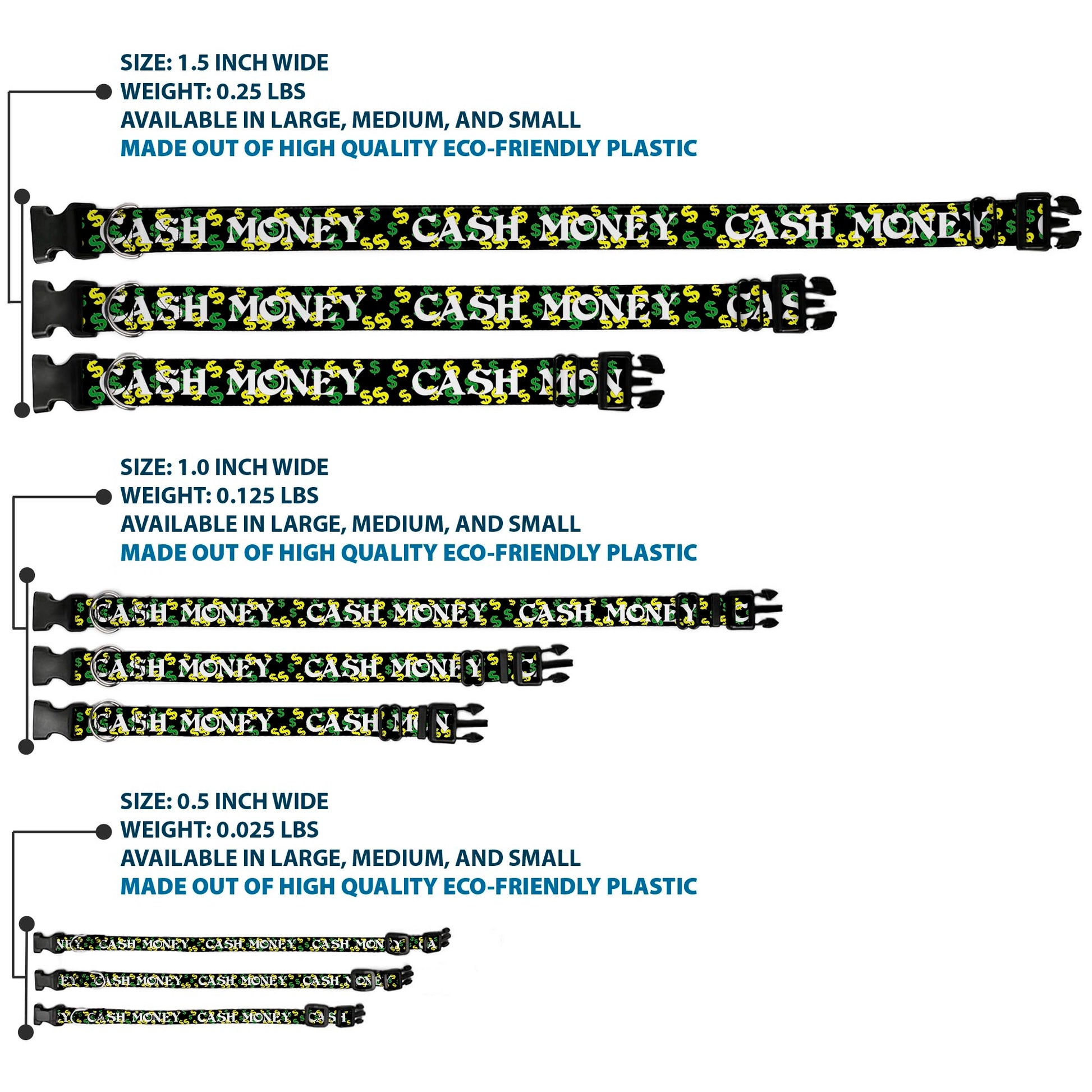 Plastic Clip Collar - CASH MONEY w/$$$ Black/White/Yellow/Green Plastic Clip Collars Buckle-Down