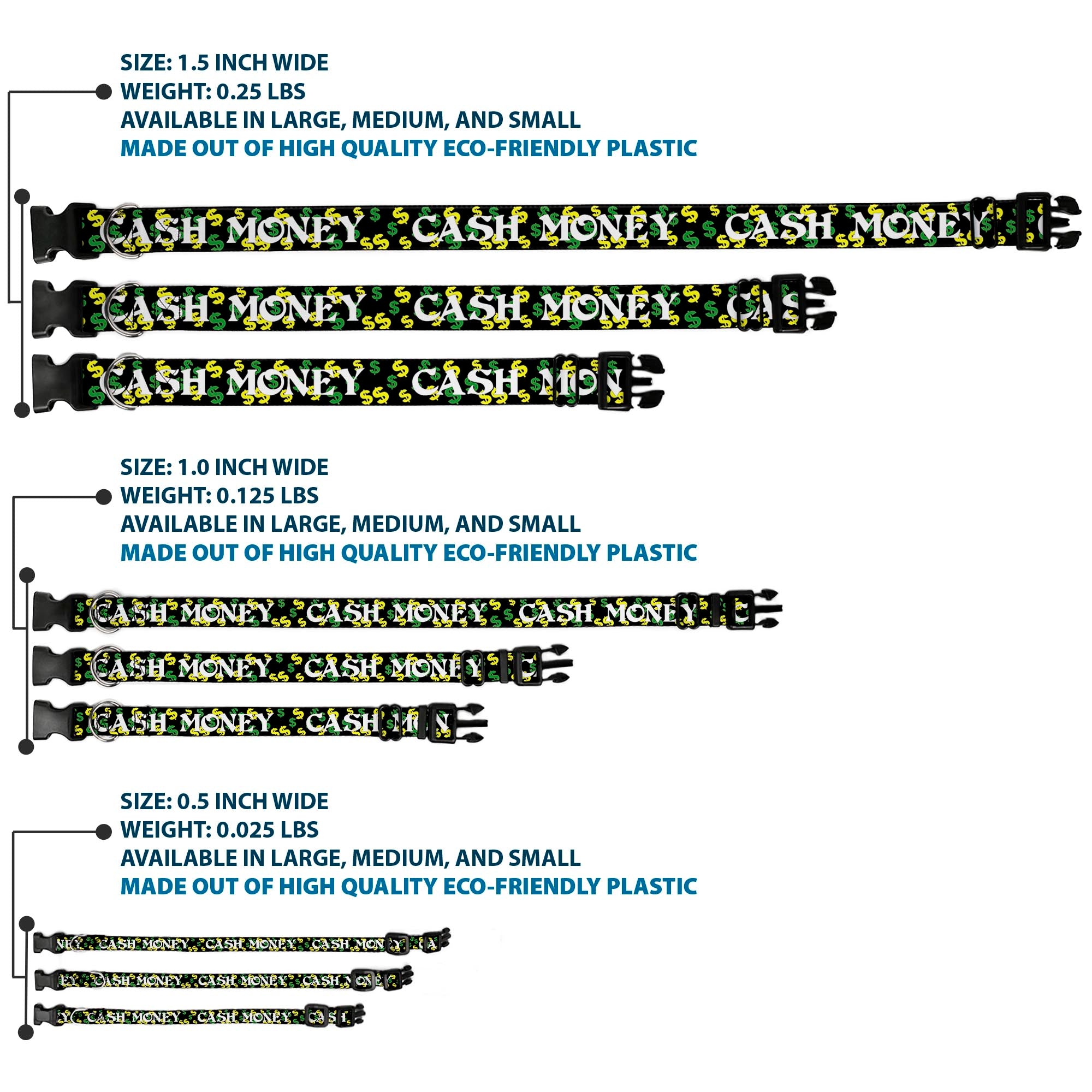 Plastic Clip Collar - CASH MONEY w/$$$ Black/White/Yellow/Green Plastic Clip Collars Buckle-Down