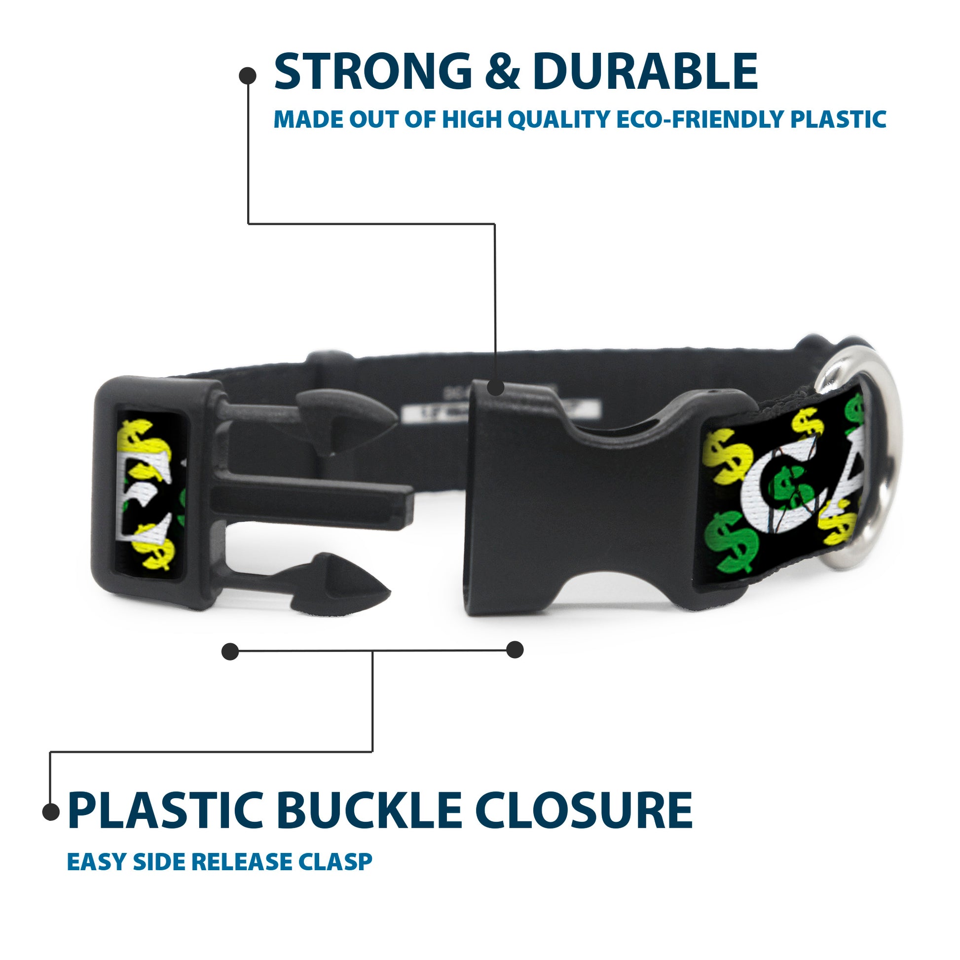 Plastic Clip Collar - CASH MONEY w/$$$ Black/White/Yellow/Green Plastic Clip Collars Buckle-Down