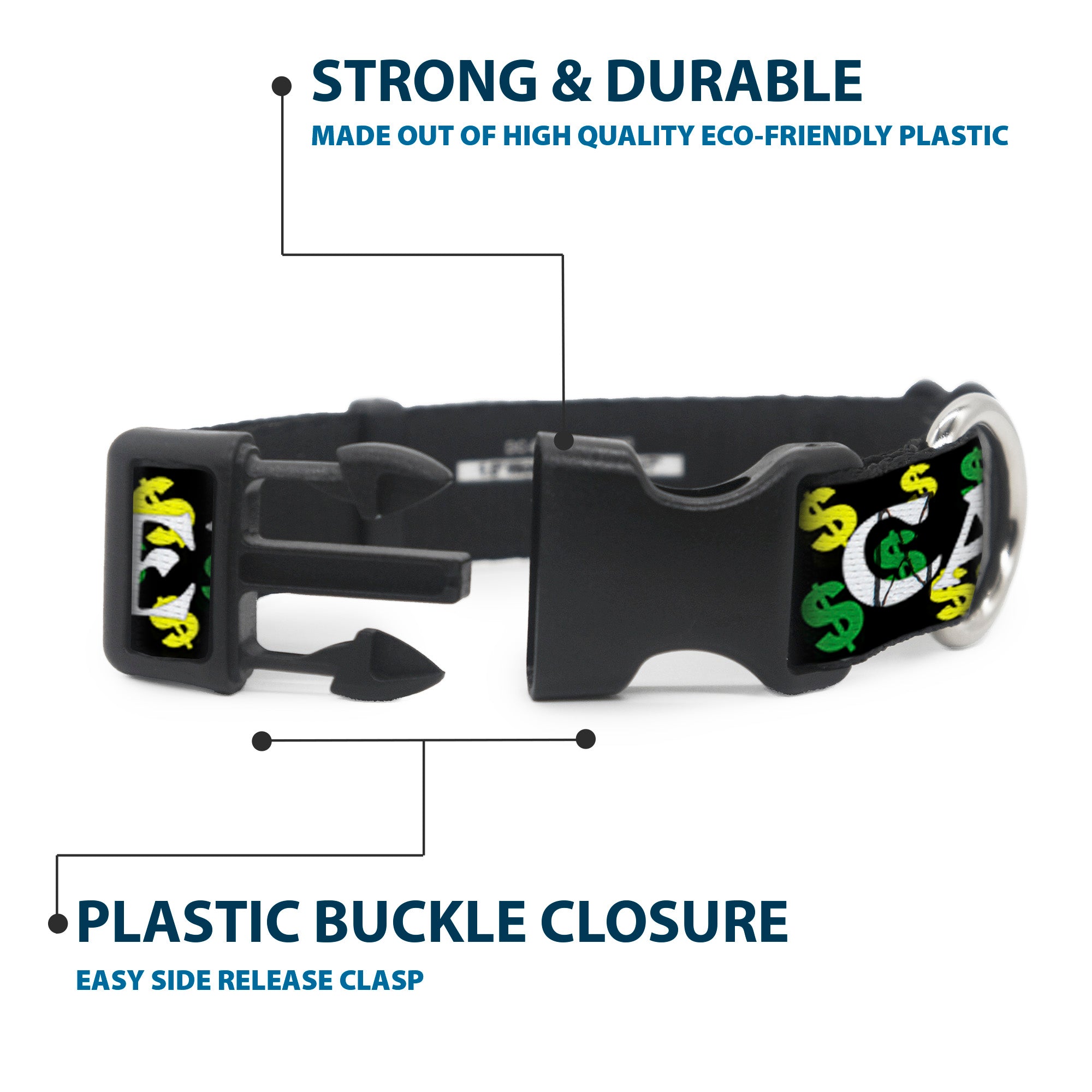 Plastic Clip Collar - CASH MONEY w/$$$ Black/White/Yellow/Green Plastic Clip Collars Buckle-Down