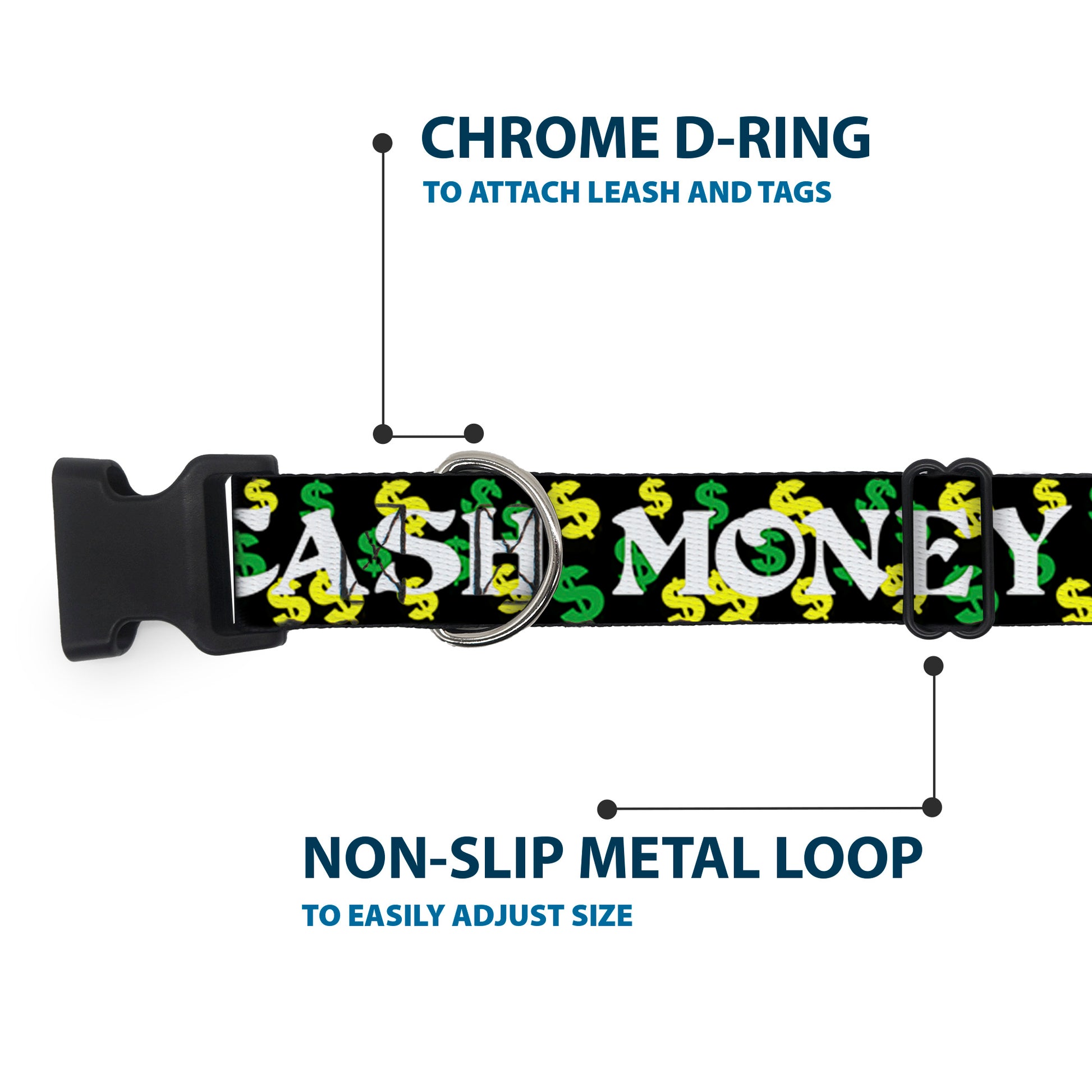 Plastic Clip Collar - CASH MONEY w/$$$ Black/White/Yellow/Green Plastic Clip Collars Buckle-Down