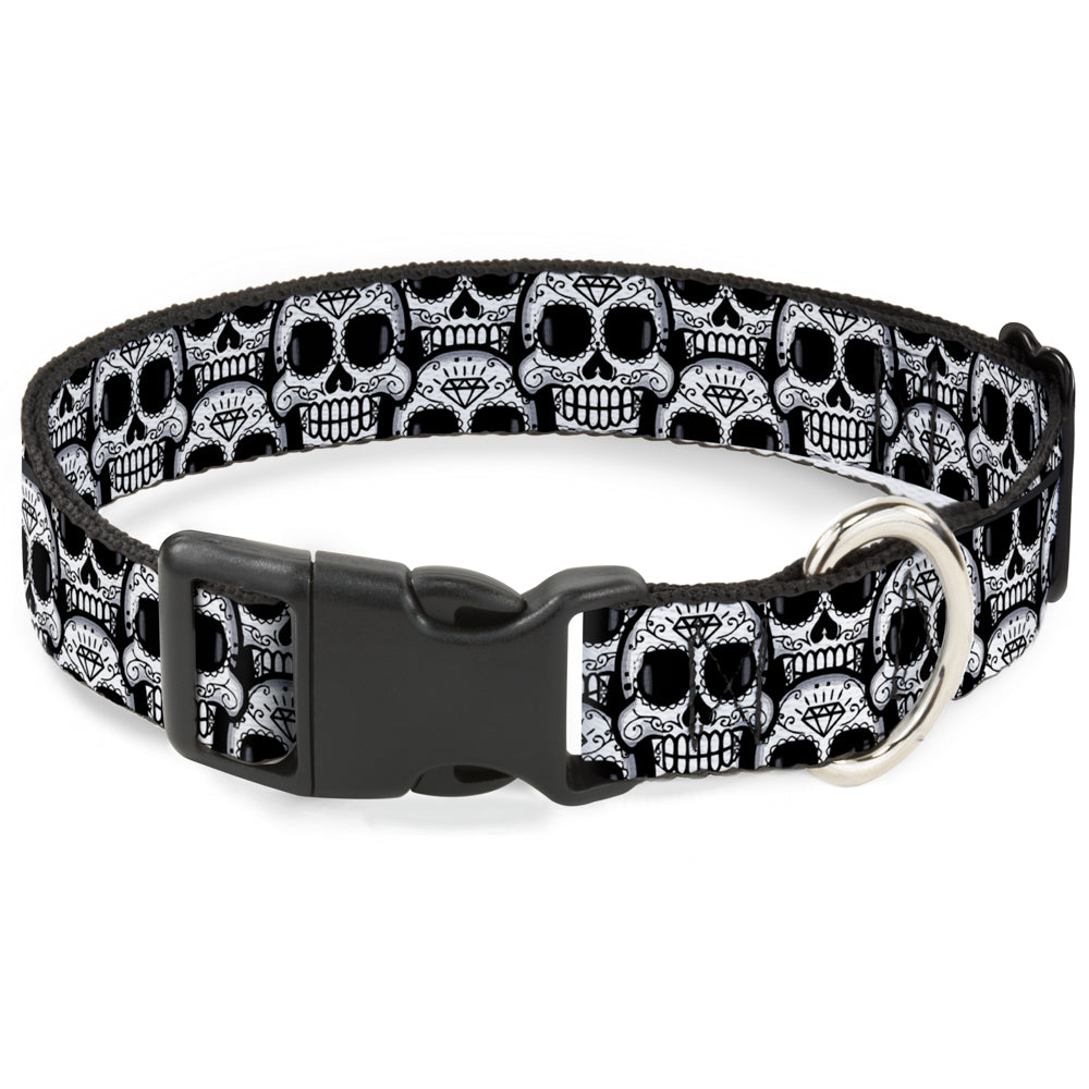Plastic Clip Collar - Cartoon Sugar Skulls Stacked Black/White Plastic Clip Collars Buckle-Down