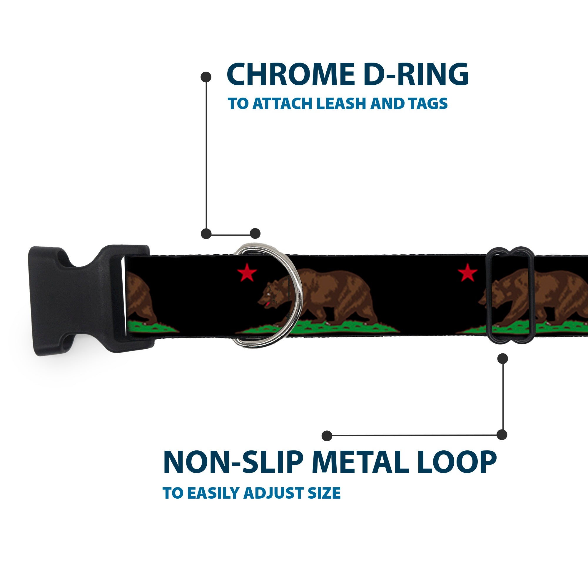Plastic Clip Collar - California Flag Bear Black Plastic Clip Collars Buckle-Down