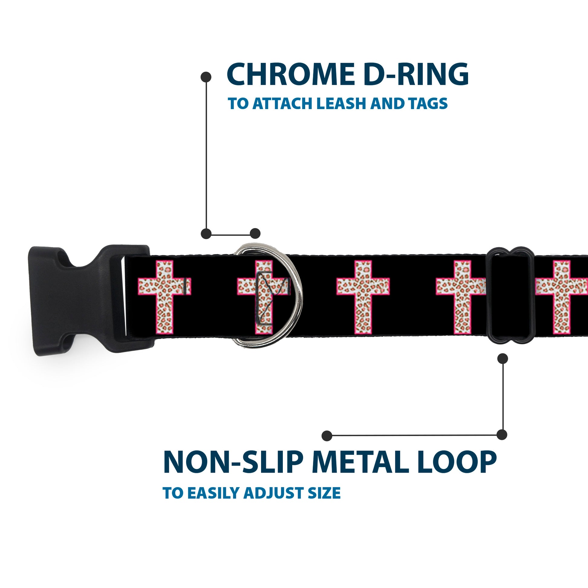 Plastic Clip Collar - Cross Repeat Black/Leopard Brown/Pink Outline Plastic Clip Collars Buckle-Down