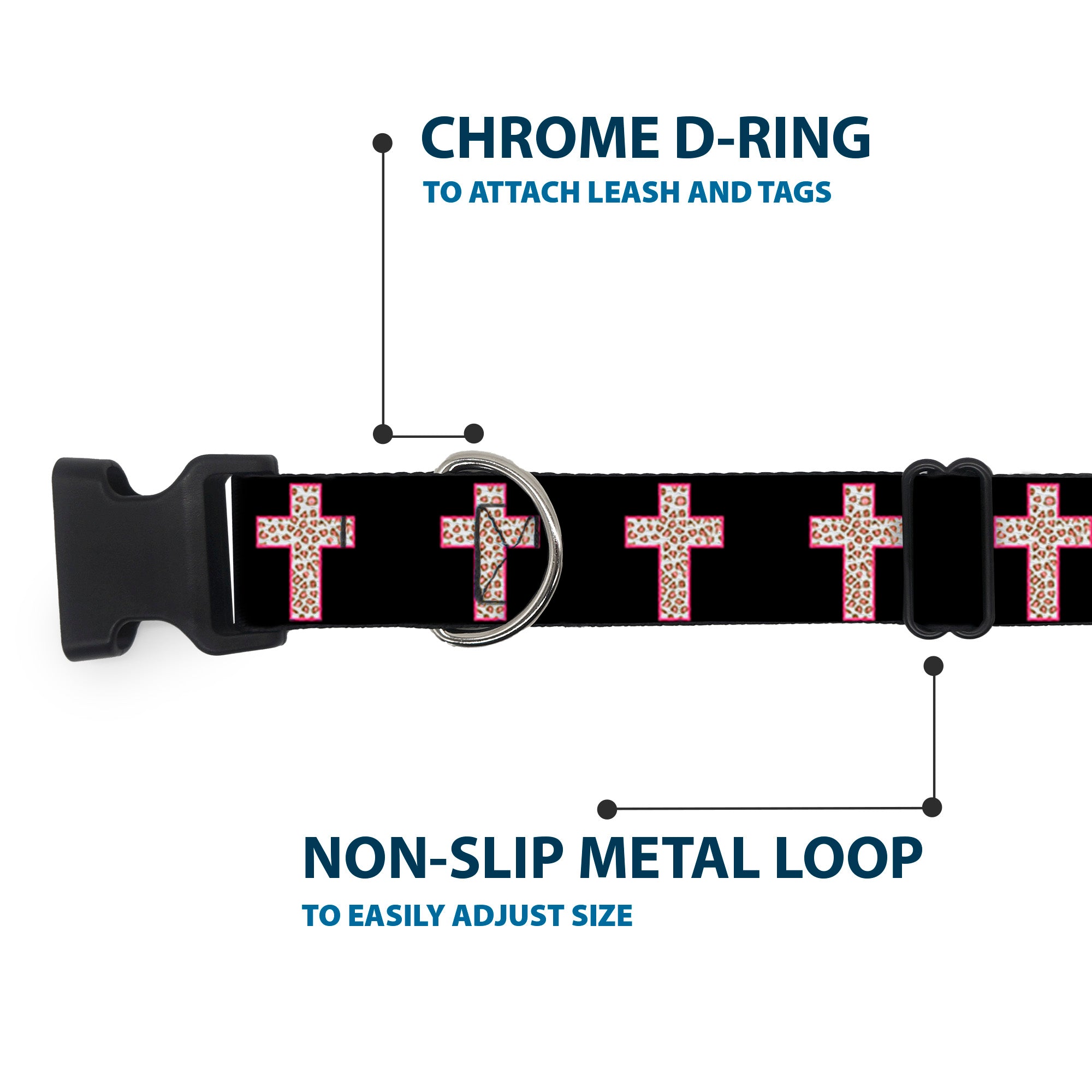 Plastic Clip Collar - Cross Repeat Black/Leopard Brown/Pink Outline Plastic Clip Collars Buckle-Down