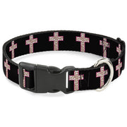Plastic Clip Collar - Cross Repeat Black/Leopard Brown/Pink Outline Plastic Clip Collars Buckle-Down
