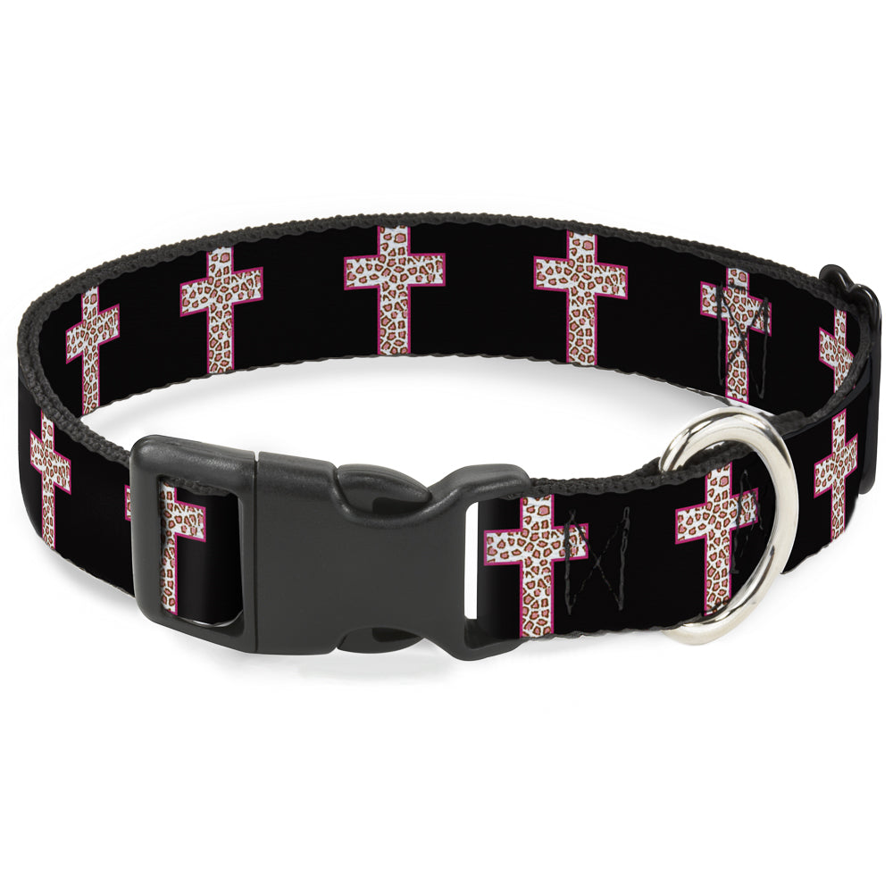 Plastic Clip Collar - Cross Repeat Black/Leopard Brown/Pink Outline Plastic Clip Collars Buckle-Down