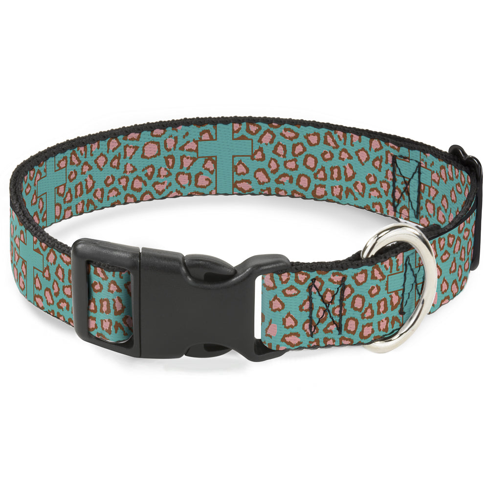 Plastic Clip Collar - Cross Repeat Leopard Turquoise/Pink Plastic Clip Collars Buckle-Down