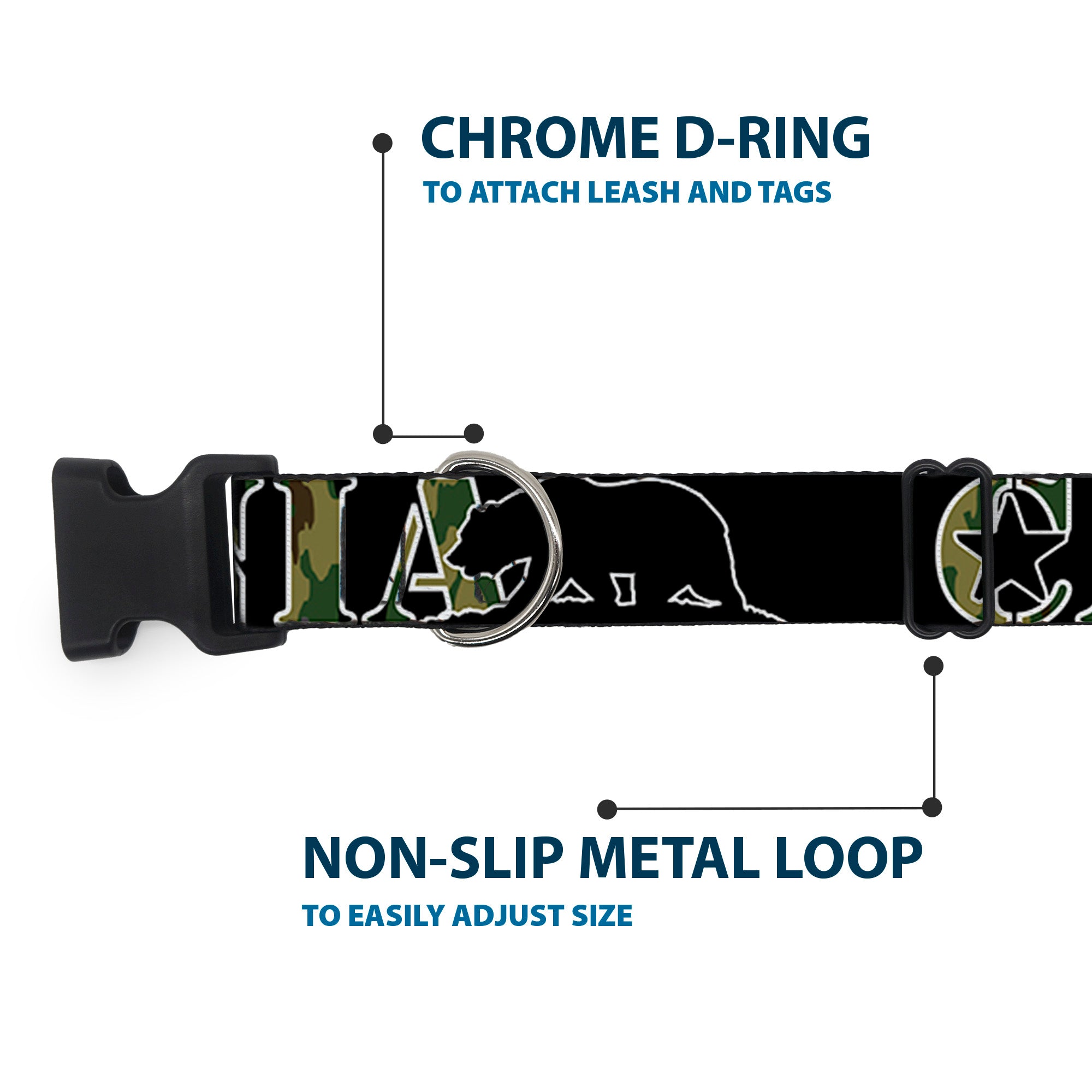 Plastic Clip Collar - CALIFORNIA/Bear Silhouette Black/Camo Olive Plastic Clip Collars Buckle-Down
