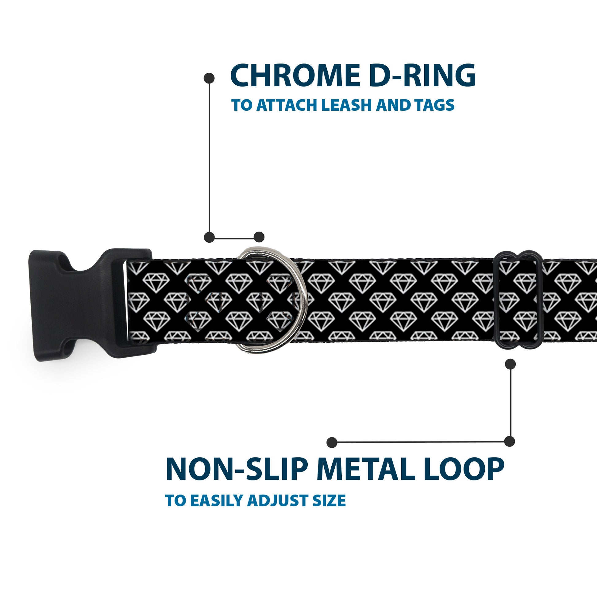 Plastic Clip Collar - Diamonds Diagonal2 Lines Black/White Plastic Clip Collars Buckle-Down