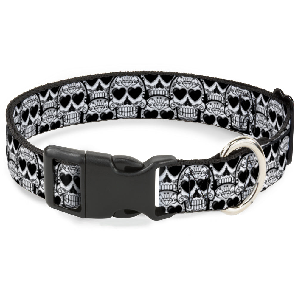 Plastic Clip Collar - Diamond Sugar Skull Stacked Black/Silver Fade/White Plastic Clip Collars Buckle-Down