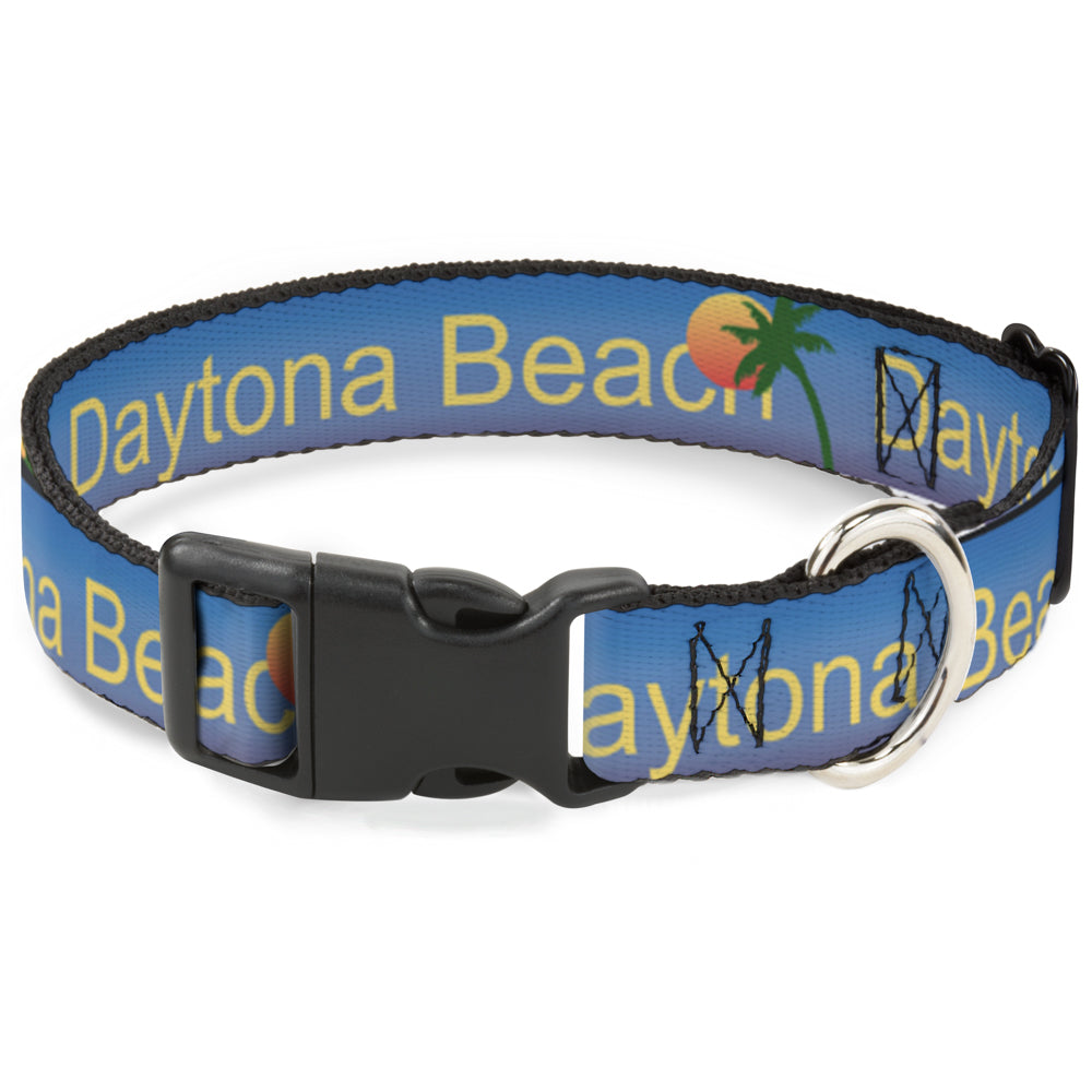 Plastic Clip Collar - DAYTON BEACH Script/Sun/Palm Trees Blue Fade/Yellow/Oranges/Green Plastic Clip Collars Buckle-Down