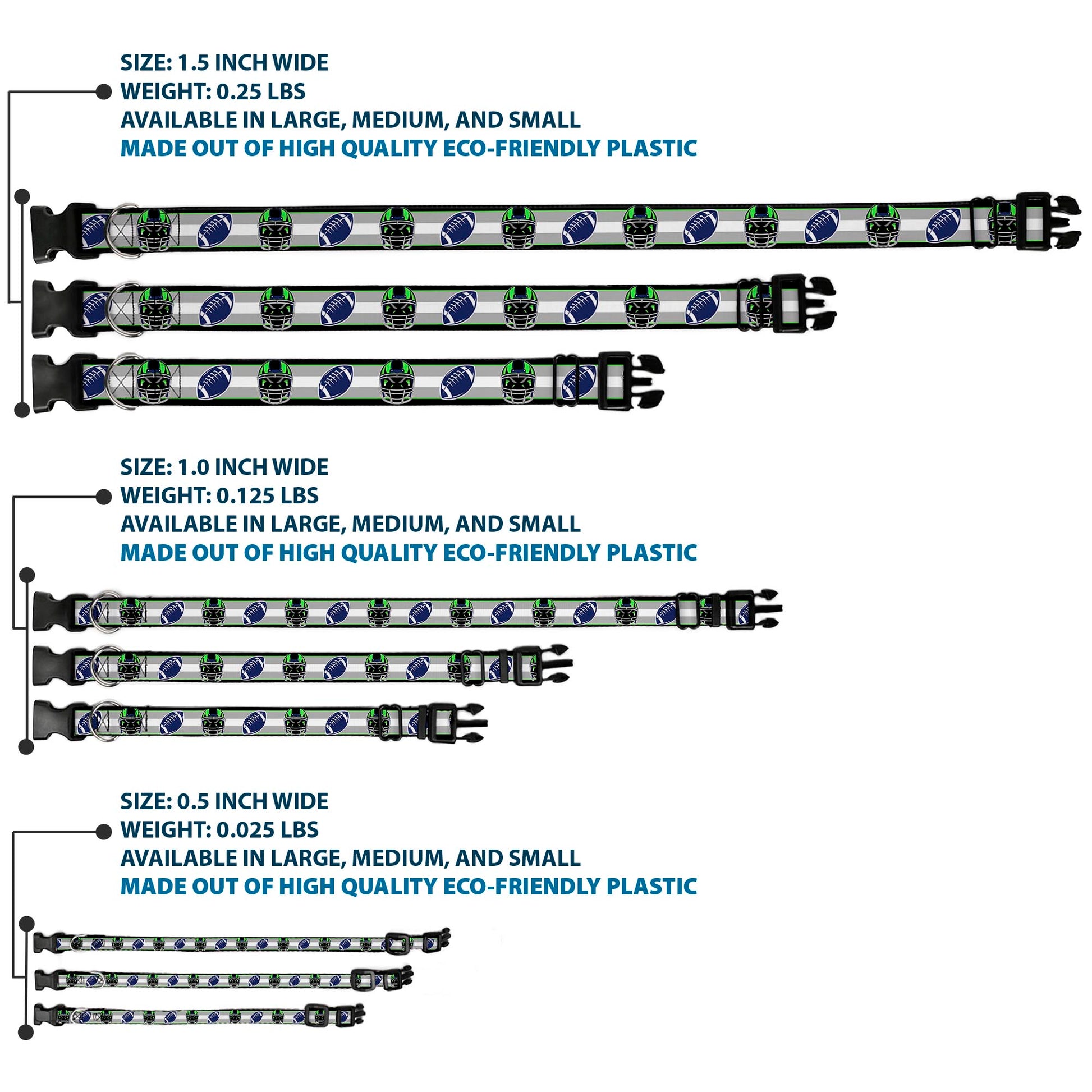 Plastic Clip Collar - Football/Helmet Stripe2 Black/Neon Green/Silver/White/Blue Plastic Clip Collars Buckle-Down