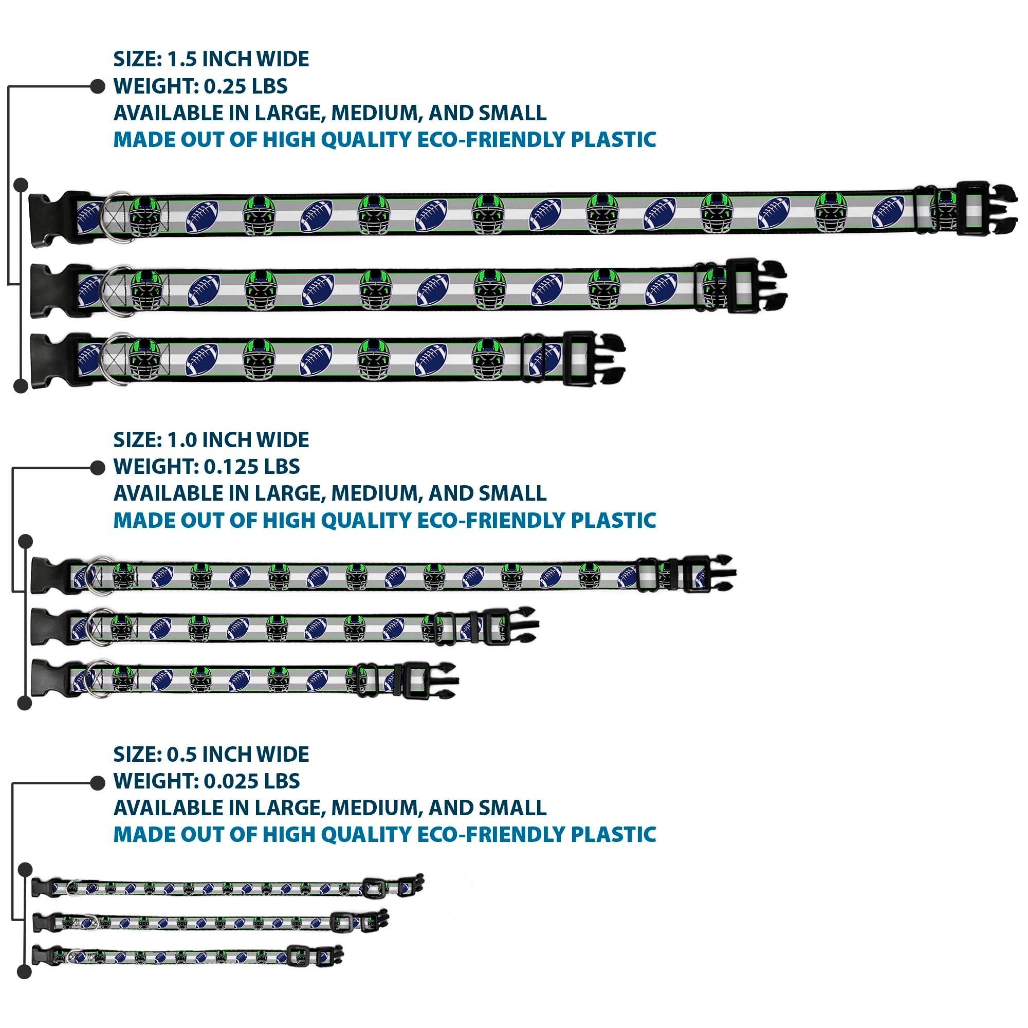 Plastic Clip Collar - Football/Helmet Stripe2 Black/Neon Green/Silver/White/Blue Plastic Clip Collars Buckle-Down