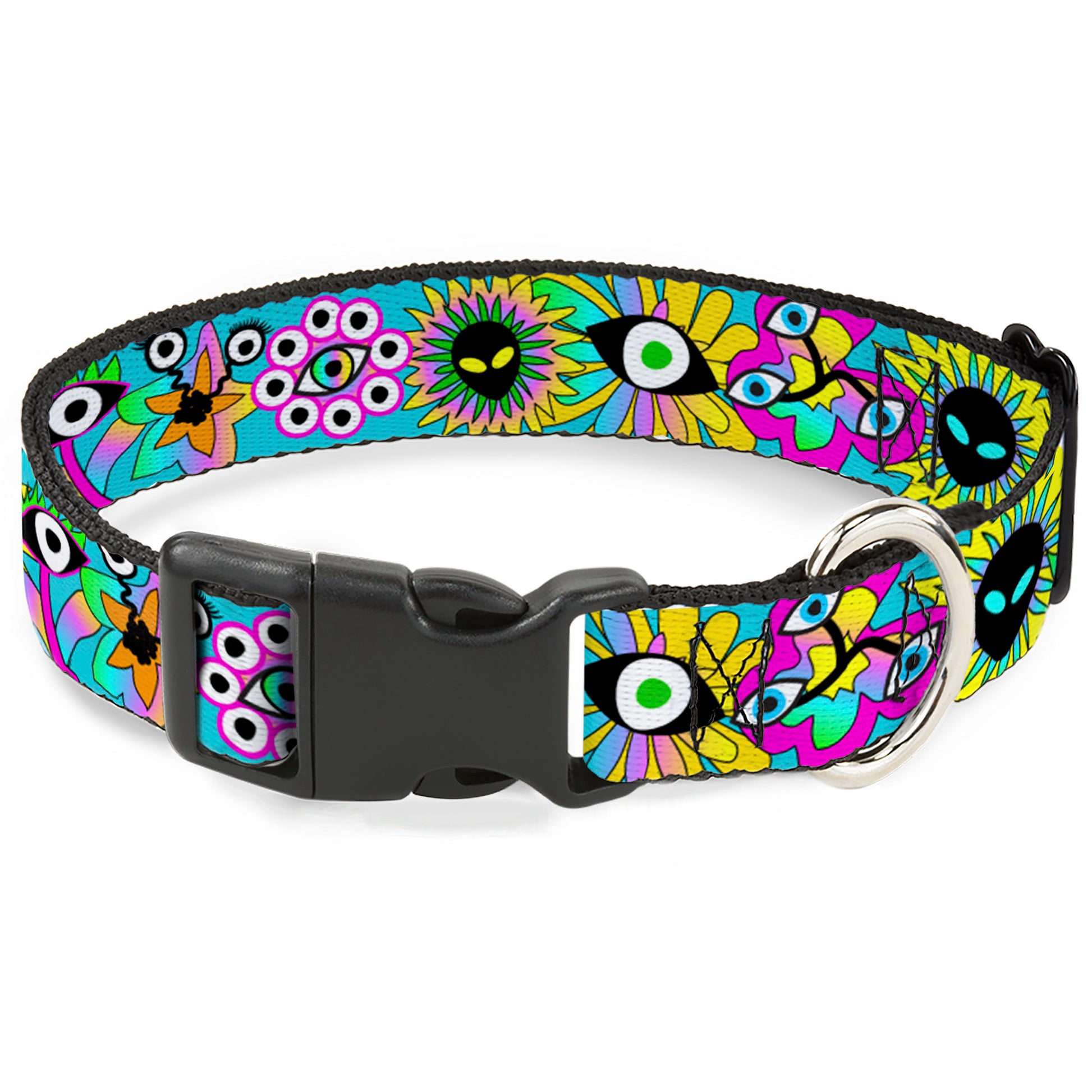 Plastic Clip Collar - Funky Alien Flowers Aqua Blue/Multi Color Plastic Clip Collars Buckle-Down