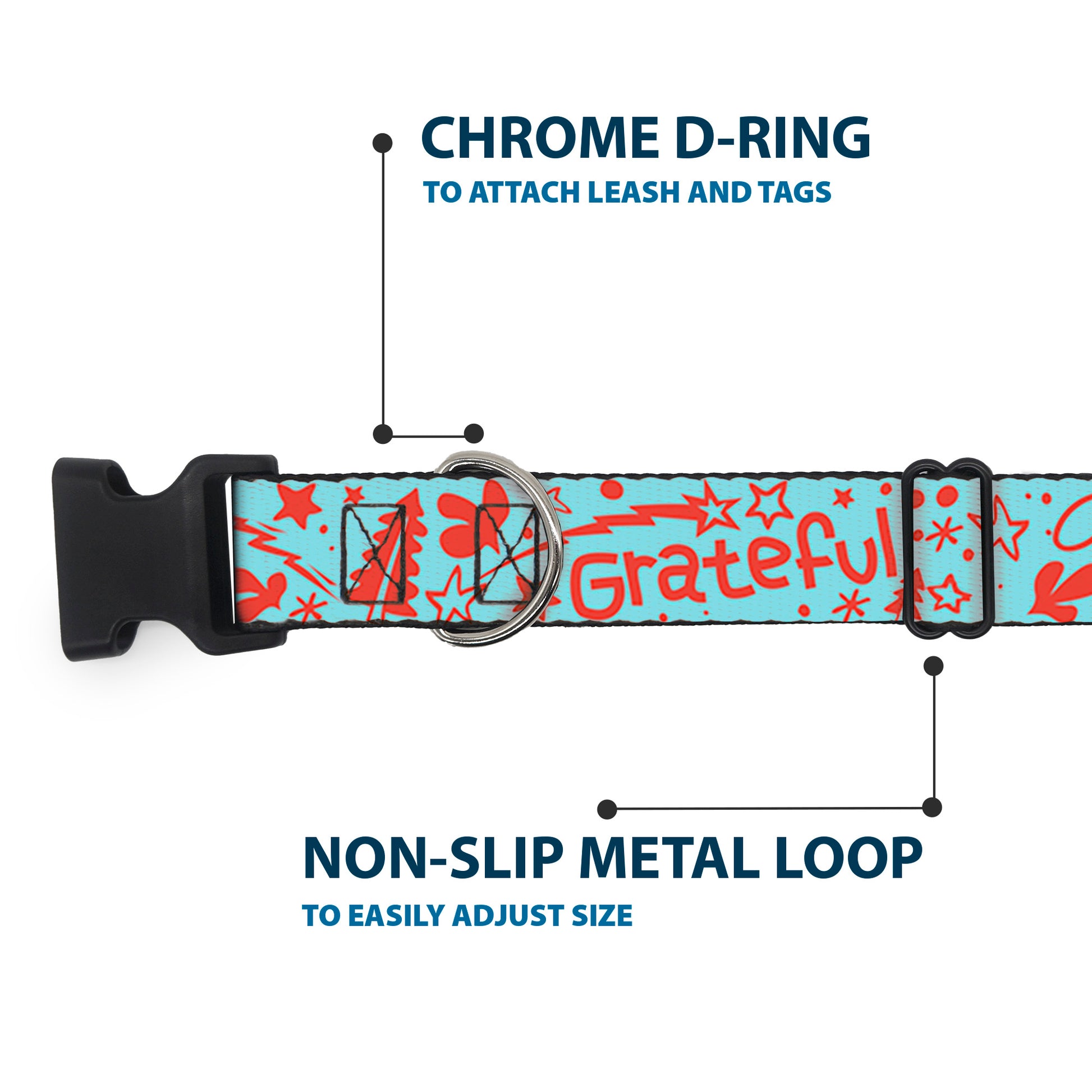 Plastic Clip Collar - GRATEFUL OPTIMISM BE KIND Icons Collage Blue/Red Plastic Clip Collars Buckle-Down