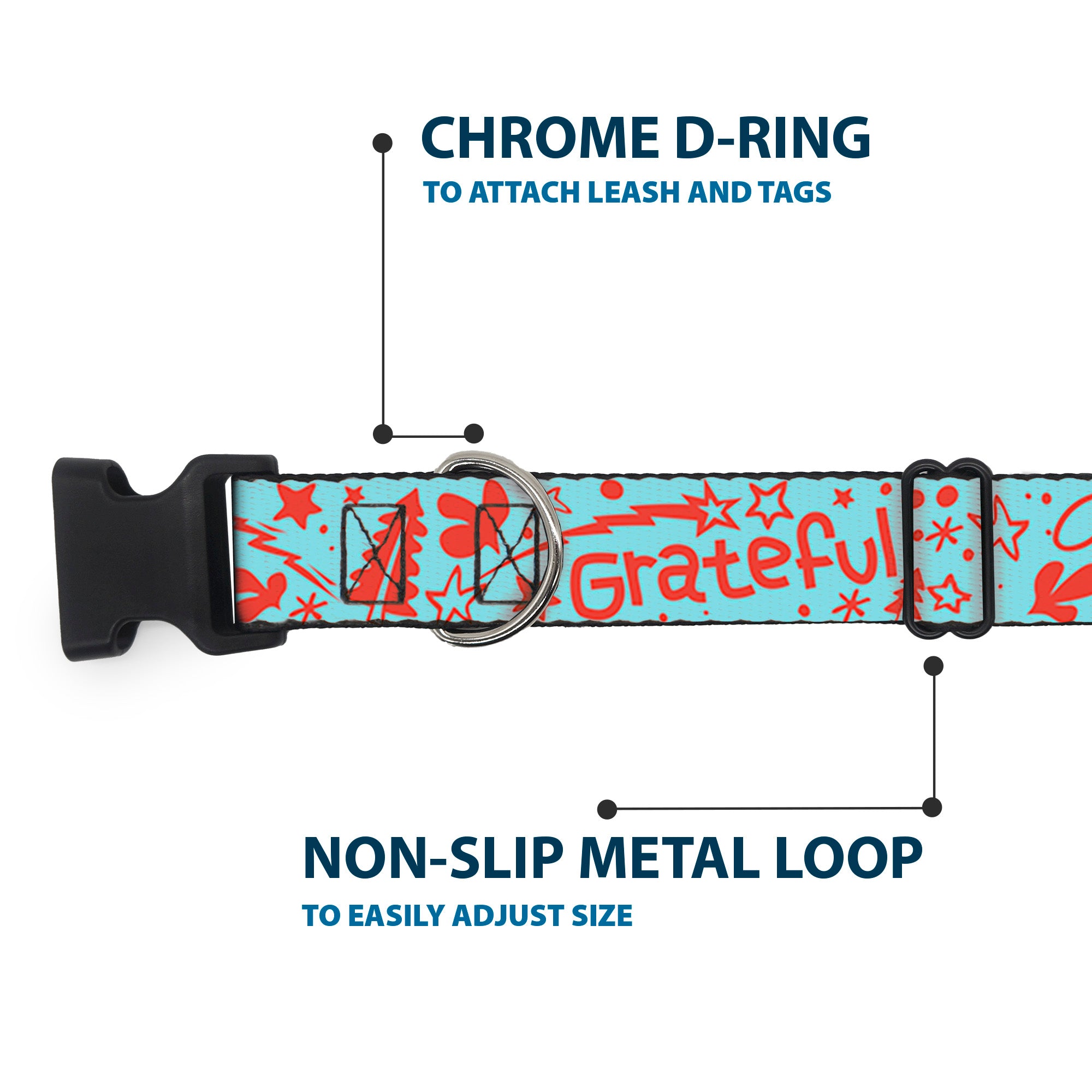 Plastic Clip Collar - GRATEFUL OPTIMISM BE KIND Icons Collage Blue/Red Plastic Clip Collars Buckle-Down