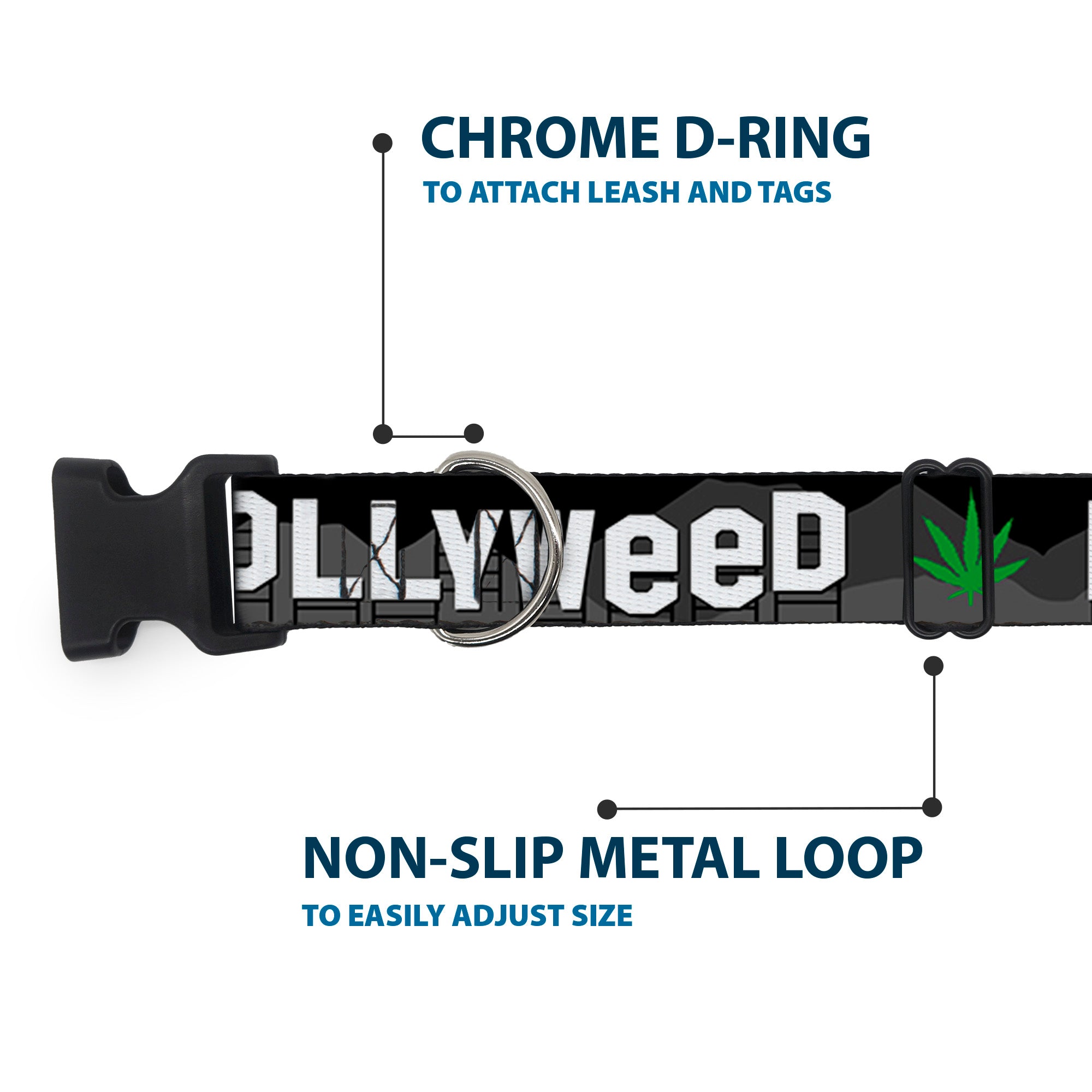 Plastic Clip Collar - HOLLYWEED Sign Skyline/Pot Leaf Black/Grays/White/Green Plastic Clip Collars Buckle-Down