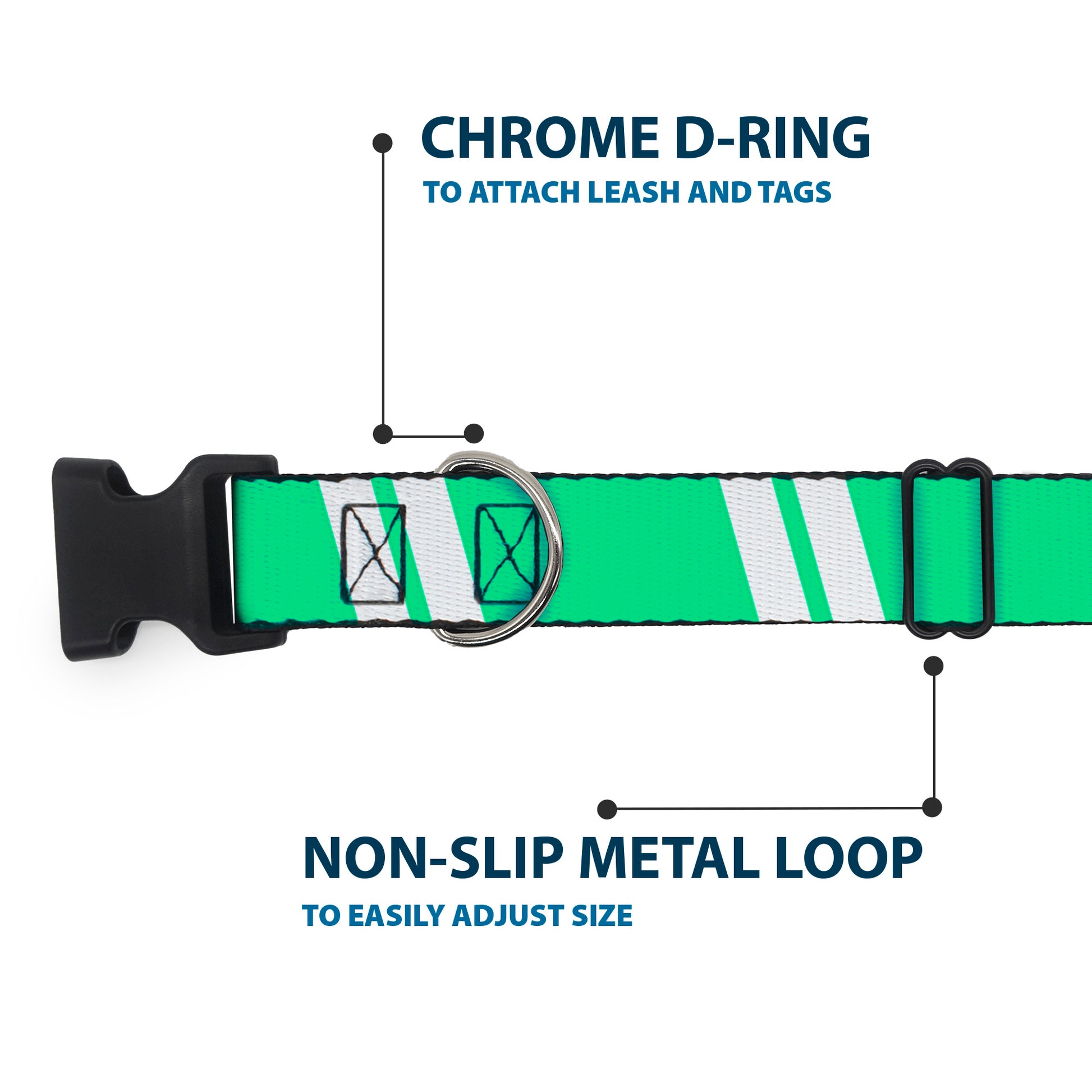 Plastic Clip Collar - Hash Mark Stripe Double Green/Silver Plastic Clip Collars Buckle-Down
