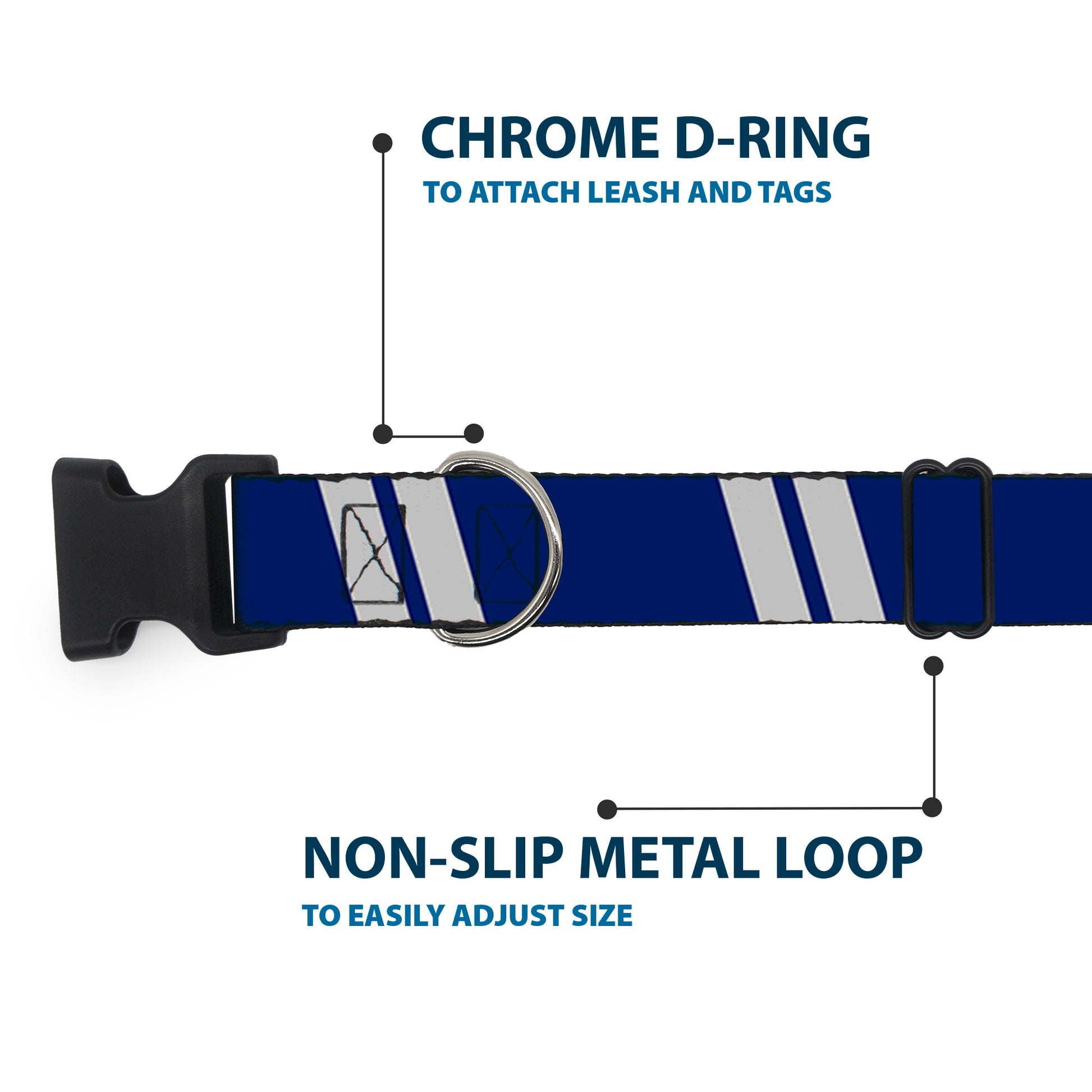 Plastic Clip Collar - Hash Mark Stripe Double Navy/Silver Plastic Clip Collars Buckle-Down