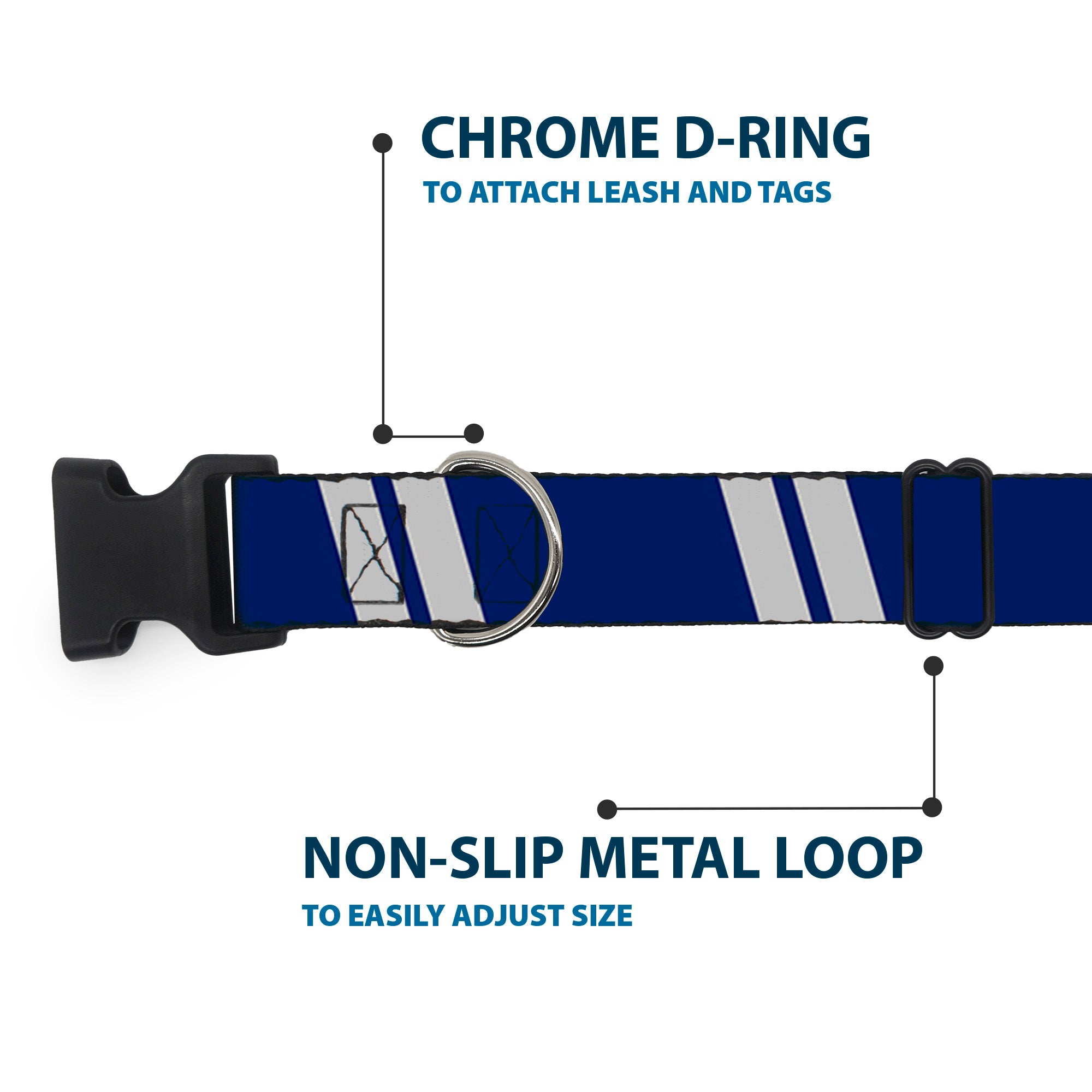 Plastic Clip Collar - Hash Mark Stripe Double Navy/Silver Plastic Clip Collars Buckle-Down