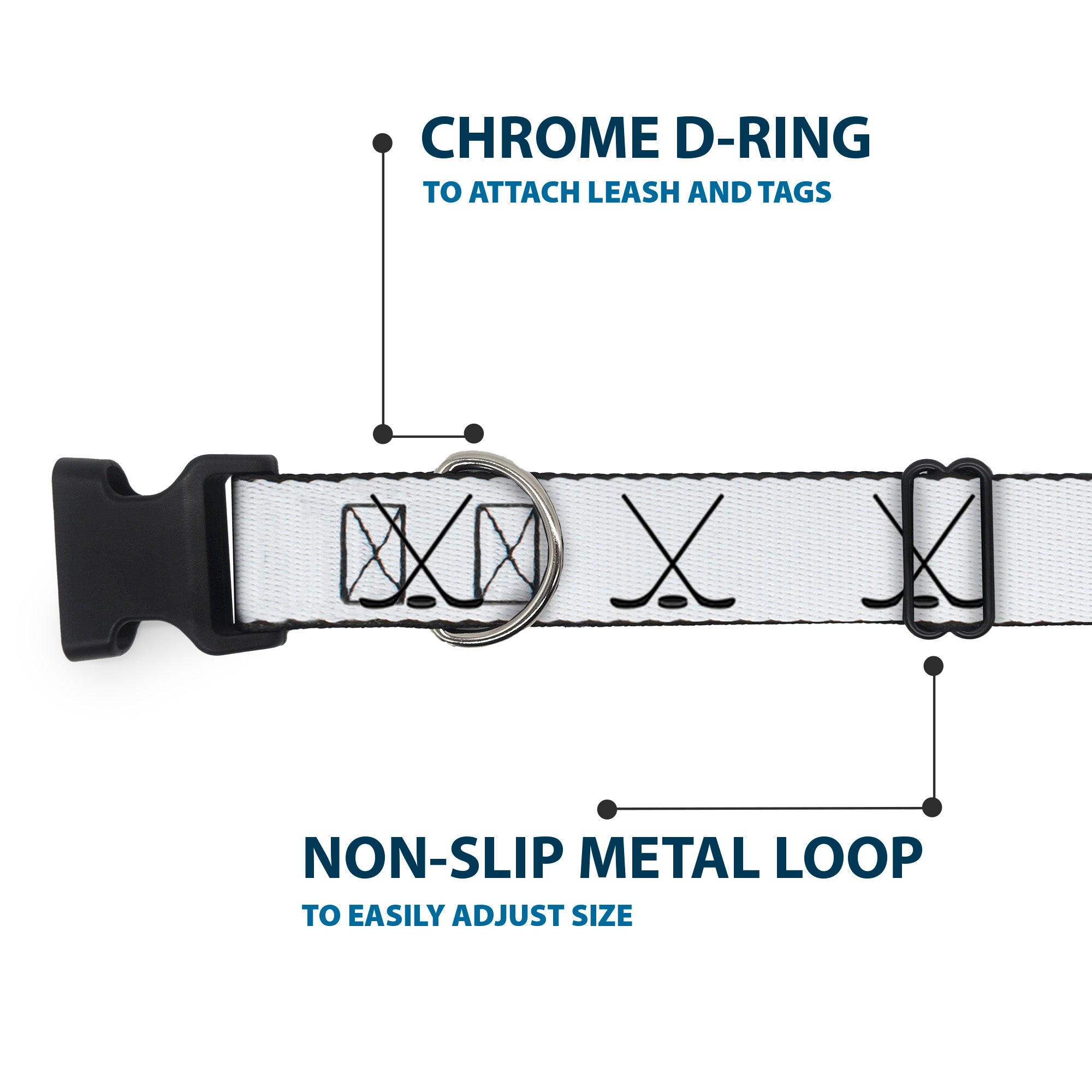 Plastic Clip Collar - Hockey Sticks and Puck White/Black Plastic Clip Collars Buckle-Down