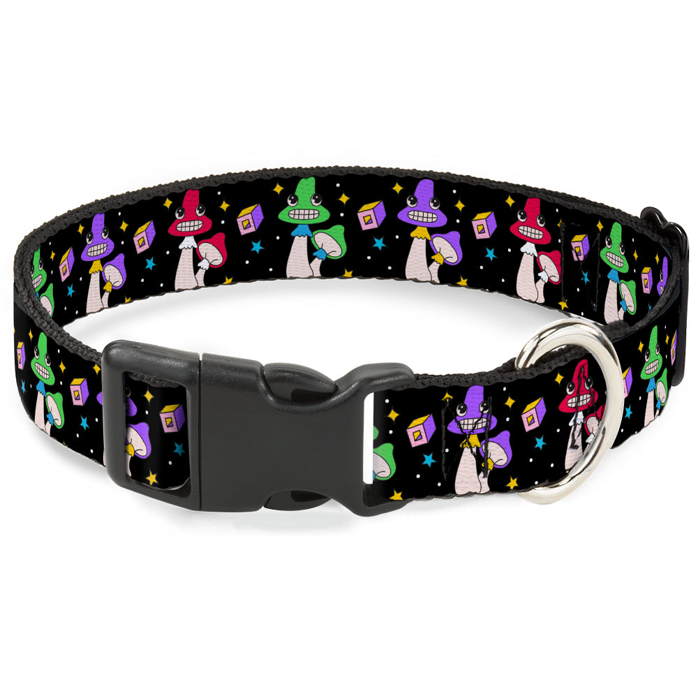 Plastic Clip Collar - Happy Mushrooms with Stars Black/Multi Color Plastic Clip Collars Buckle-Down