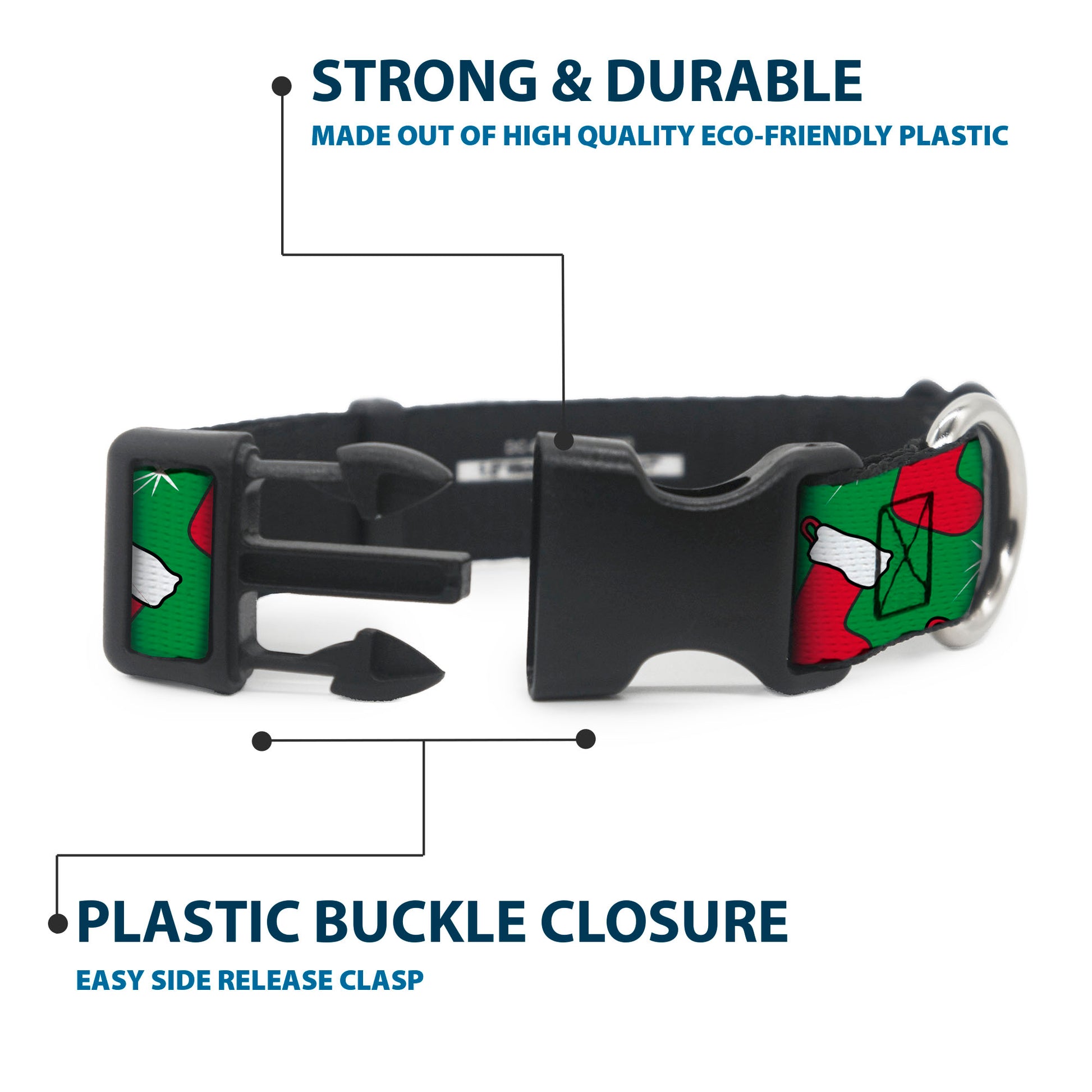 Plastic Clip Collar - Holiday Christmas Stocking and Star Green/WhiteRed Plastic Clip Collars Buckle-Down